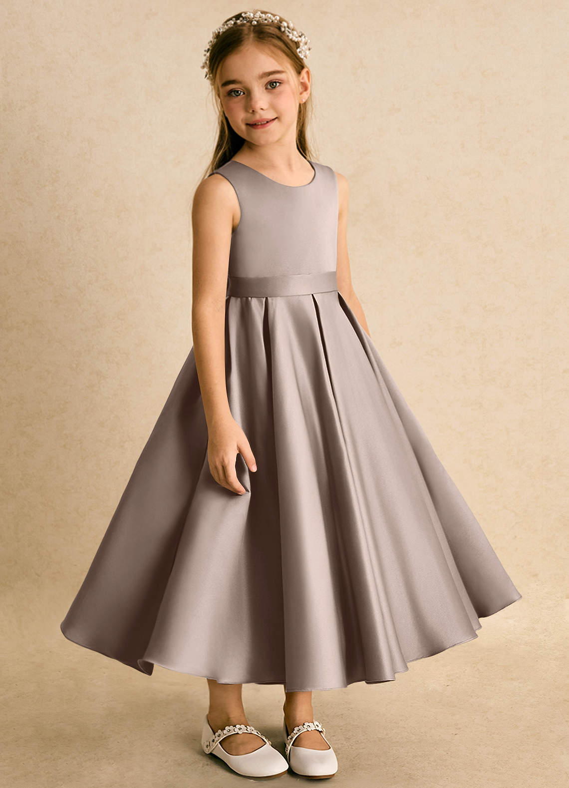 Azazie Junebuj vestidos de niña de las flores Vestido de Gris Pardo de Satin Mate de Princesa con Plisado image4