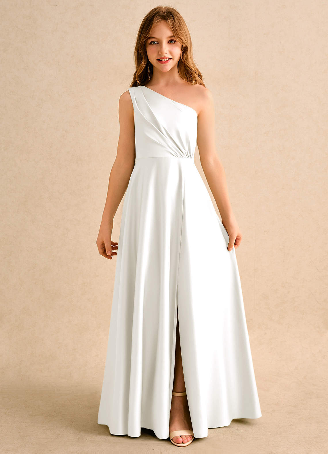 Azazie Puddles Girls Formal Flower Girl Dresses Ivory A-Line One Shoulder Matte Satin Dress image3