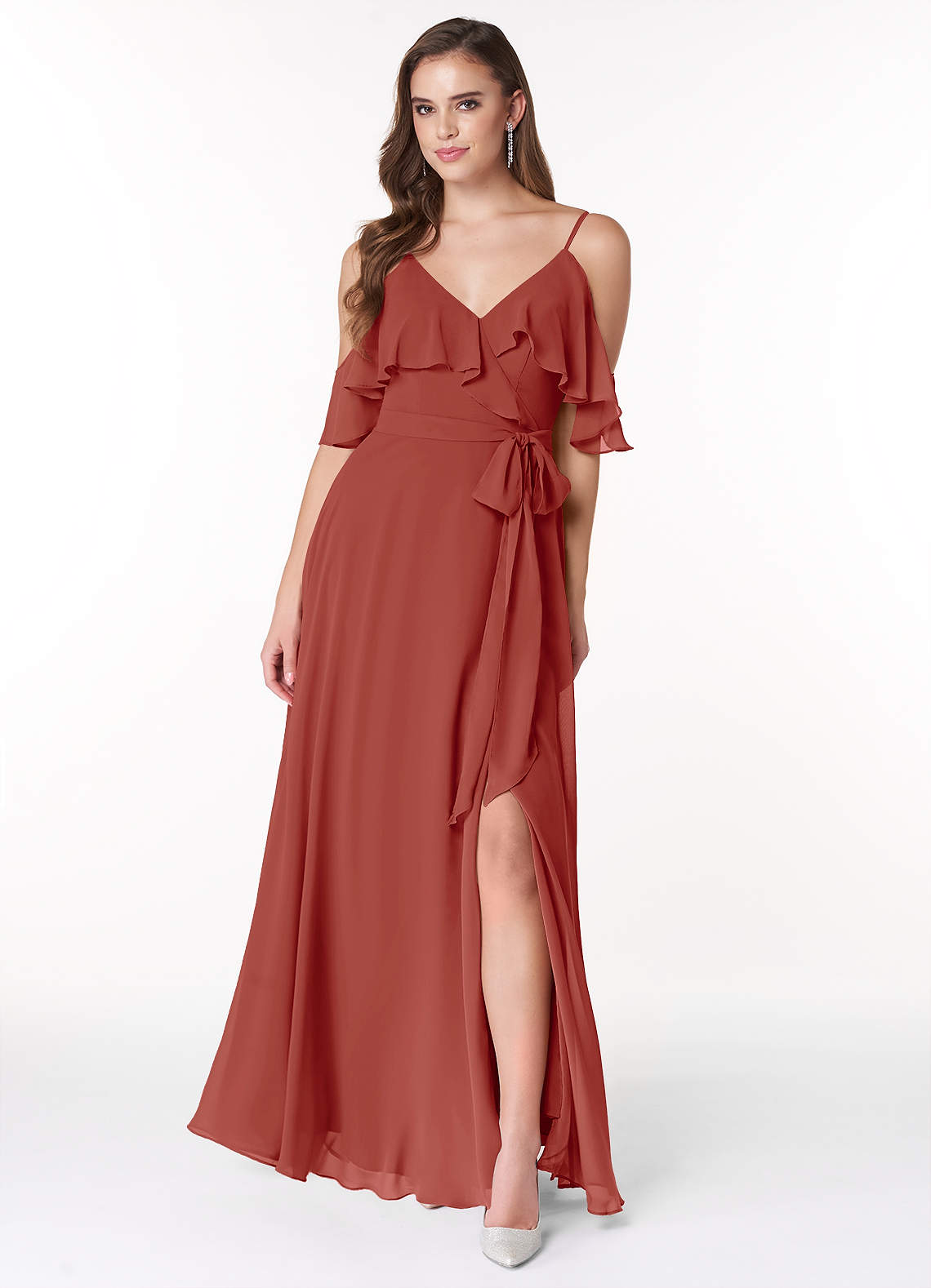 Azazie Vianna Bridesmaid Dresses Terracotta A-Line V-neck Ruched Chiffon Dress image1