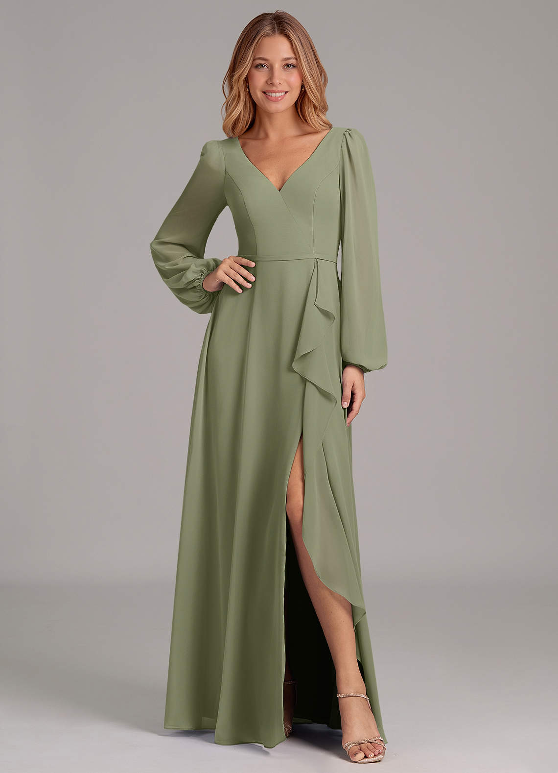 Azazie Simone Bridesmaid Dresses Pistachio A-Line Long Sleeve Chiffon Dress image1