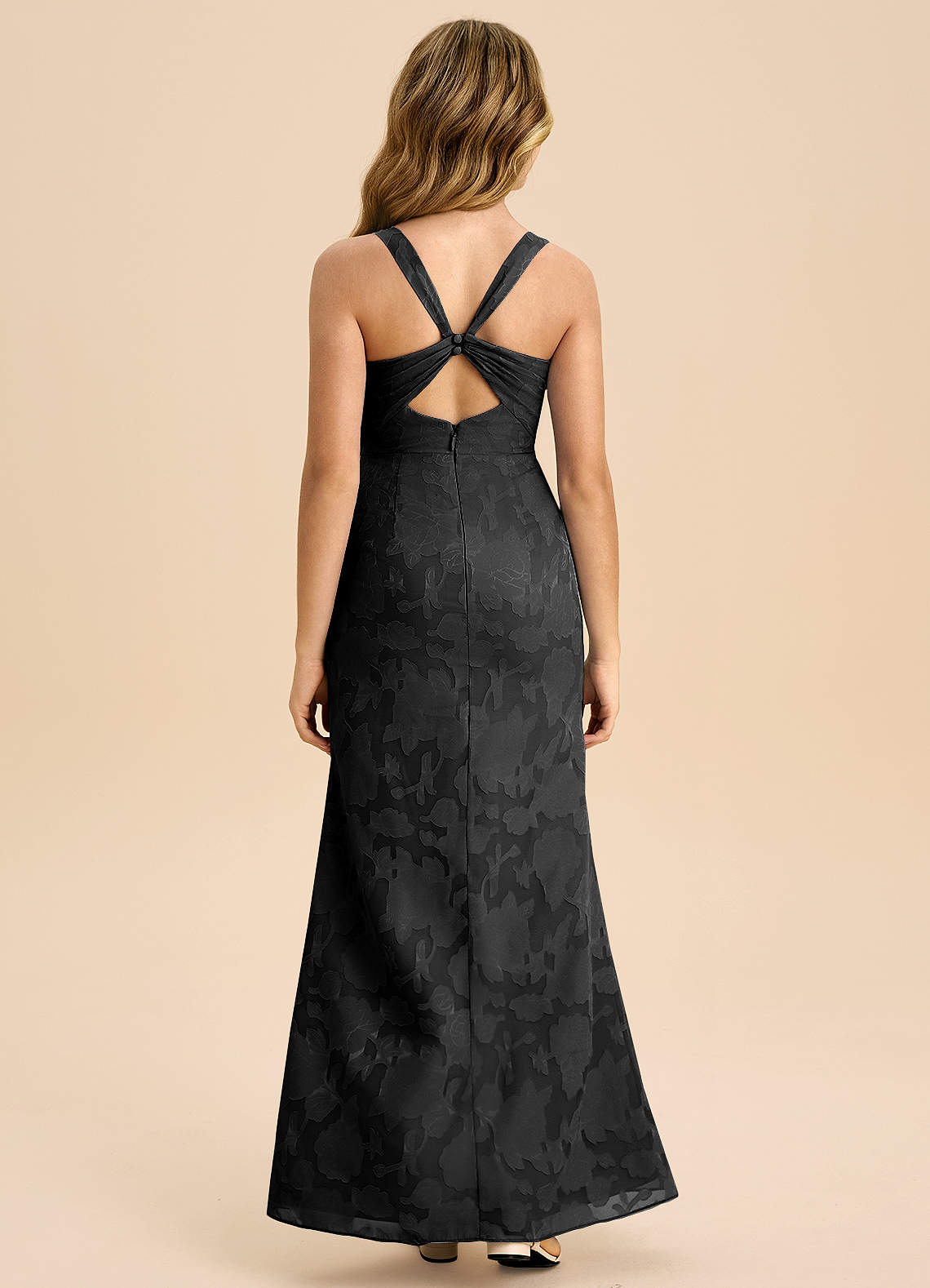 Azazie Mero Junior Black Sheath Pleated Floral Burnout Dress image7