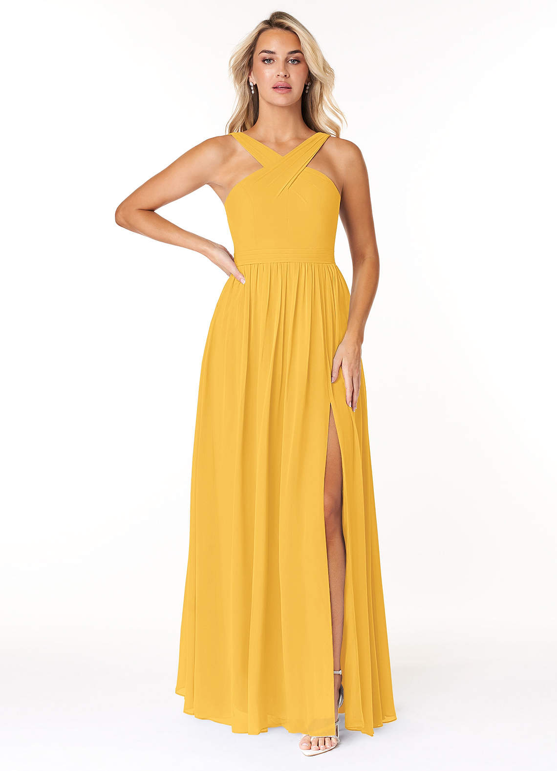 white christmas dresses Yellow Chiffon Pleated A-line Tiered Maxi Dress – Ohmollydress main image 1