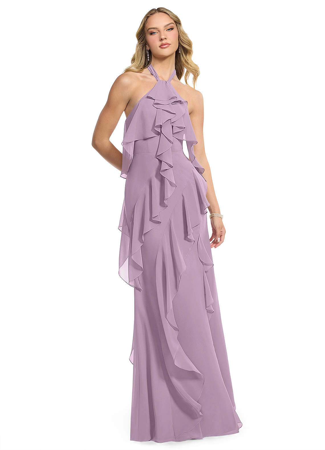 Azazie Velma At-home Try On Dresses Wisteria A-Line Side Slit Chiffon Dress image2