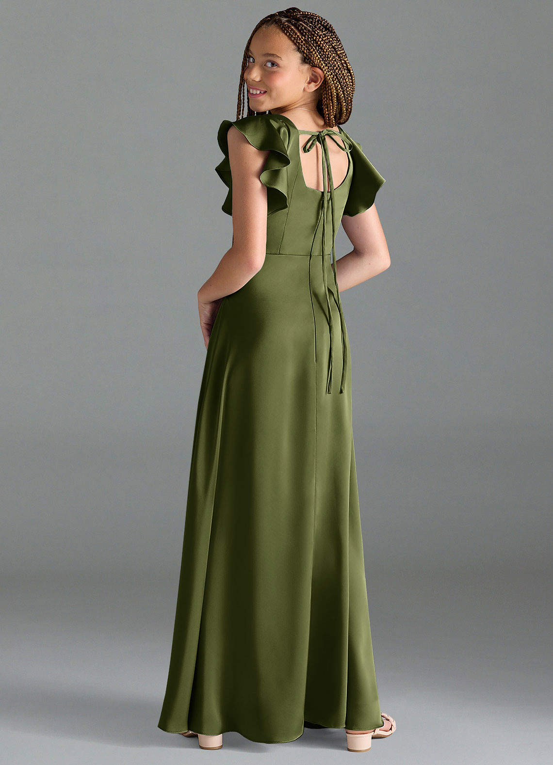 Azazie Bondi Junior Olive A-Line Side Slit Stretch Satin Dress image4