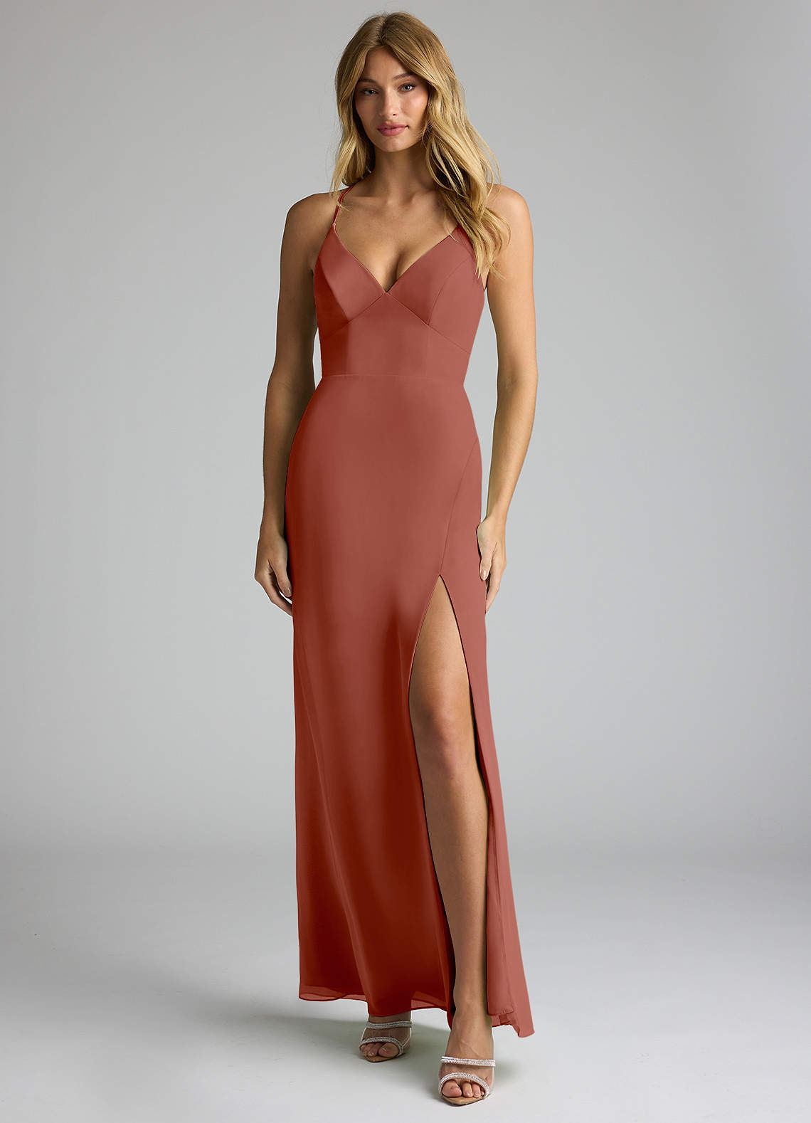 Azazie Becca Bridesmaid Dresses Auburn Sheath V-Neck Chiffon Dress image1