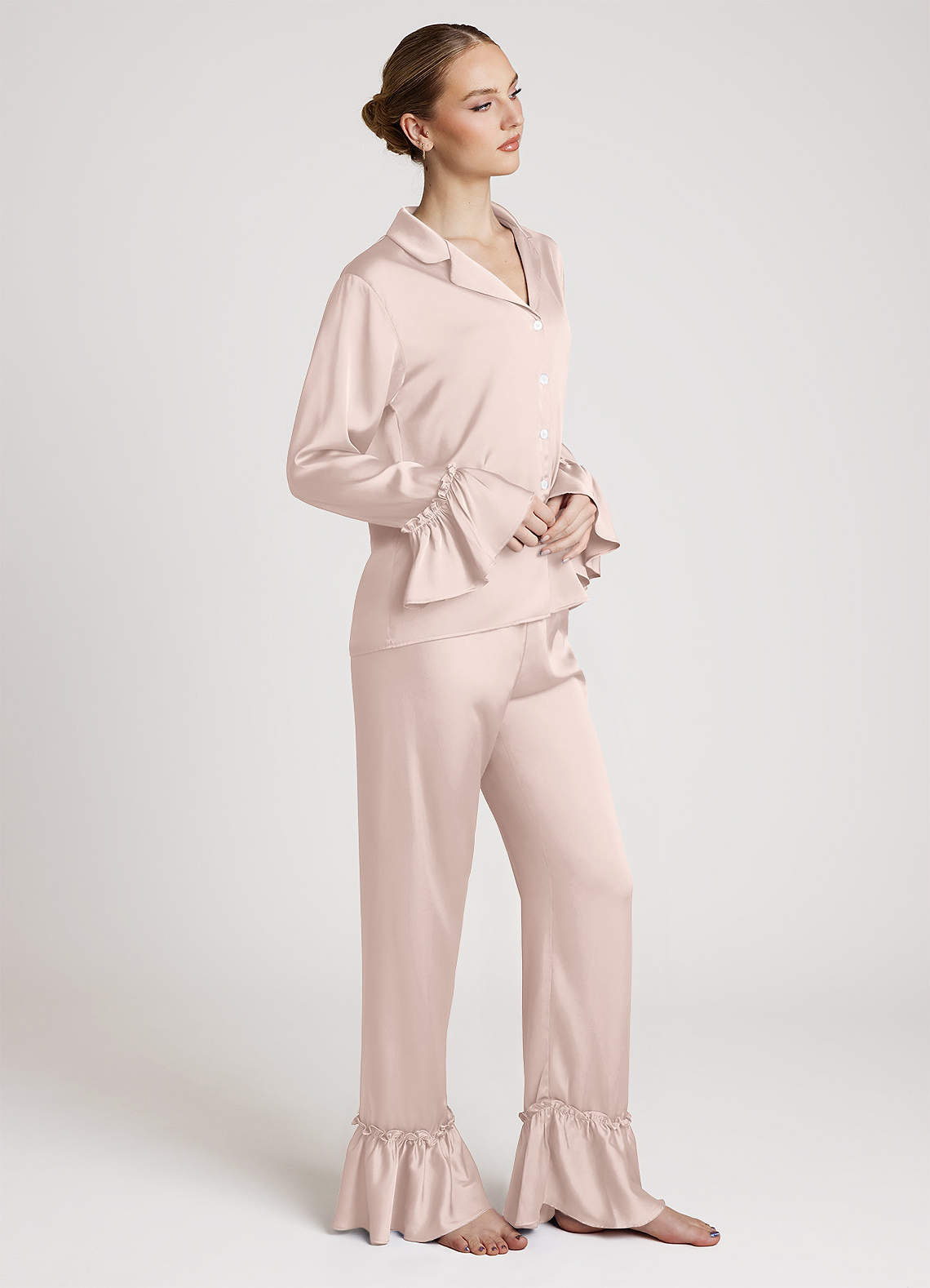 front Lightweight Satin Ruffle Pajama Set