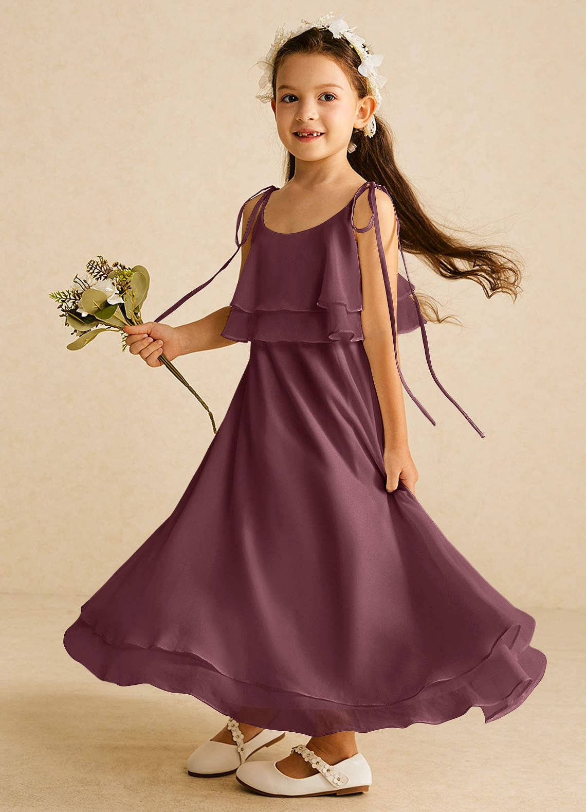 Azazie Temi Jurken voor bloemenmeisjes A-Lijn Jurk van Chiffon Spaghetti Bandje Sangria image1