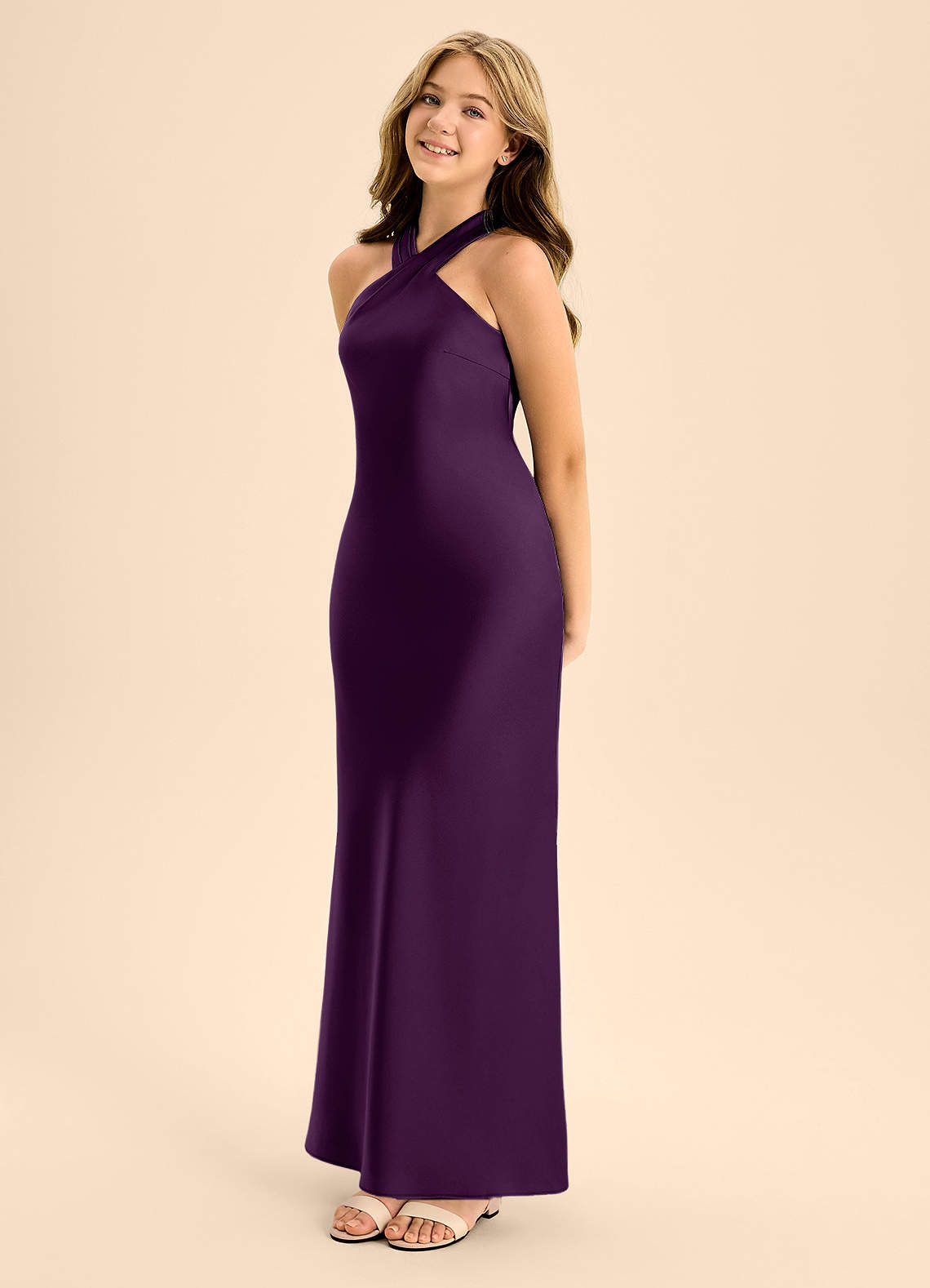 Azazie Doretta Junior Grape A-Line Pleated Stretch Satin Dress image2