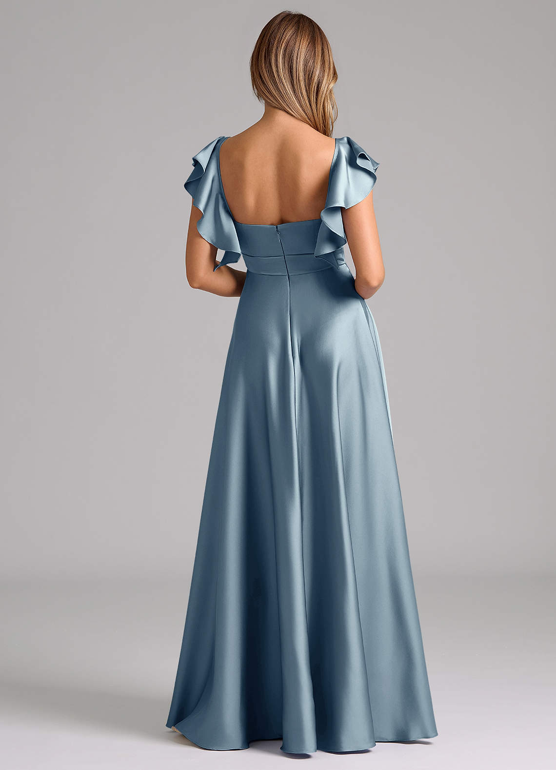 Azazie Leilani Bridesmaid Dresses Dusty Blue A-Line Ruched Stretch Satin Dress image1