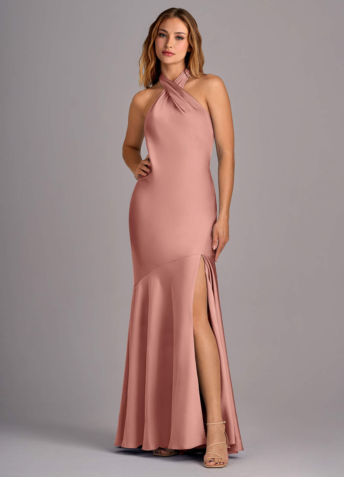 Azazie Lorena Bridesmaid Dresses Rosette Mermaid Pleated Stretch Satin Dress image1