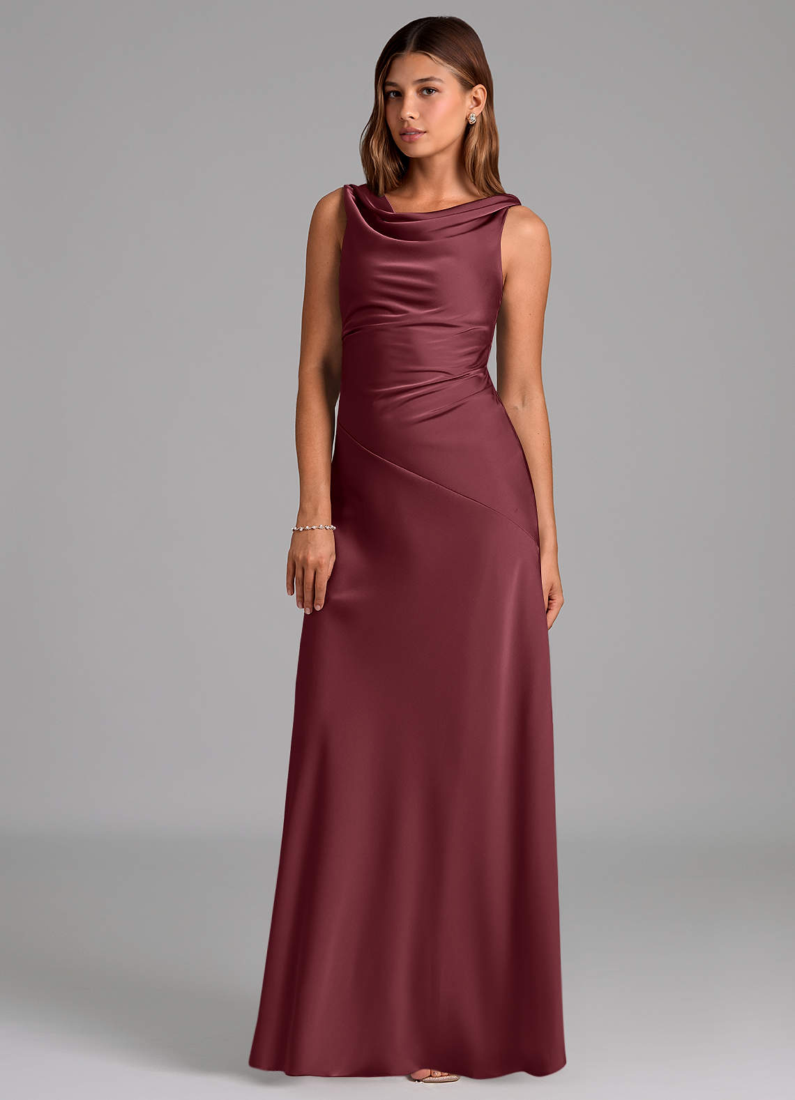 Azazie Nerine Bridesmaid Dresses Merlot A-Line Pleated Stretch Satin Dress image1