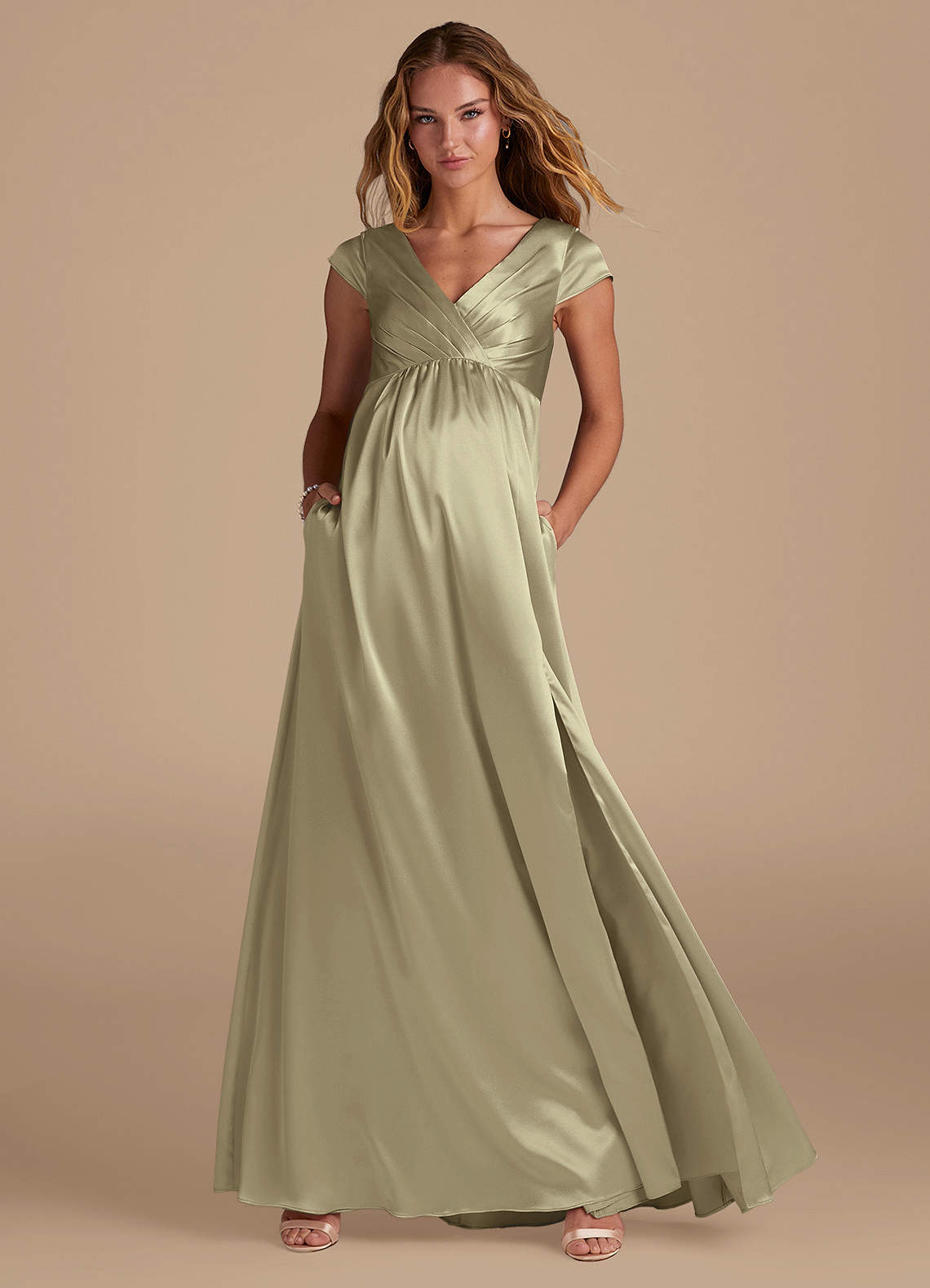 Azazie Allessia Brautjungfernkleider für Schwangere A-Linie Metallischer Satin Bodenlänge Kleid image1