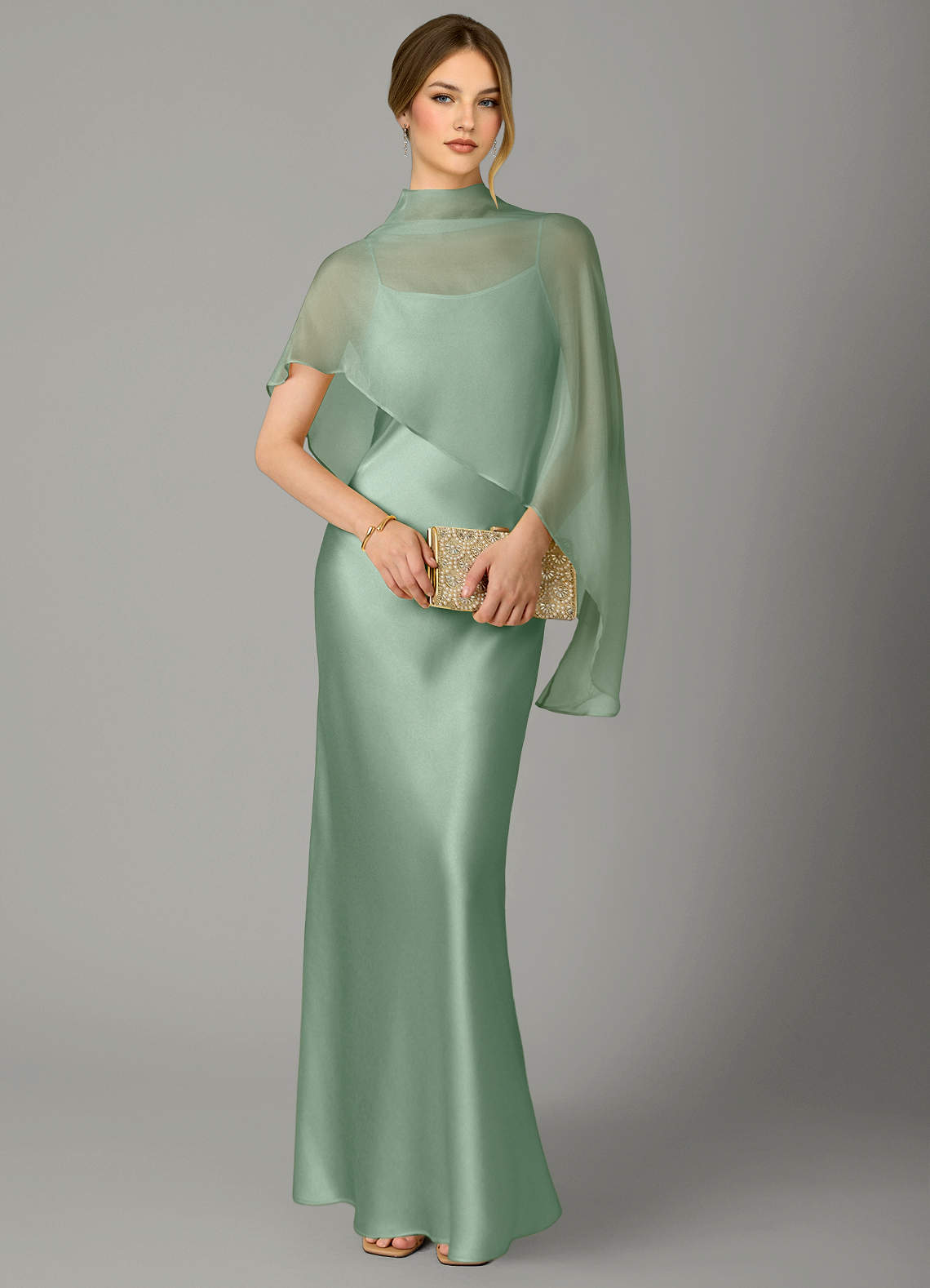 Azazie Jaleesa Essayer des robes à la maison Robe Trapèze en Satin extensible Col Haut Agave image4