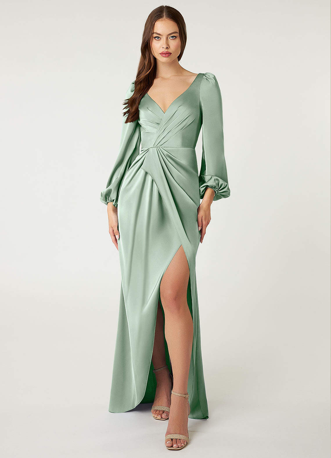 Azazie Mel Bridesmaid Dresses Agave Sheath Long Sleeve Stretch Satin Dress image1