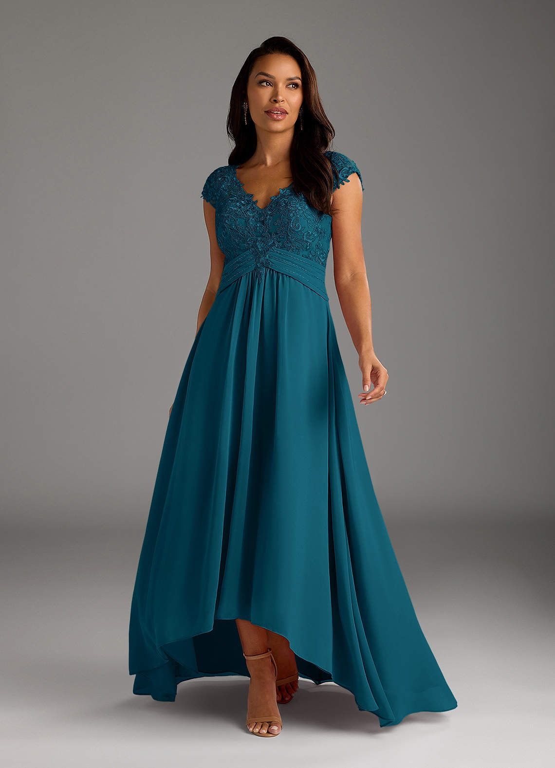 Azazie Irmeli Ink Blue A-Line Lace Chiffon Dress | Azazie