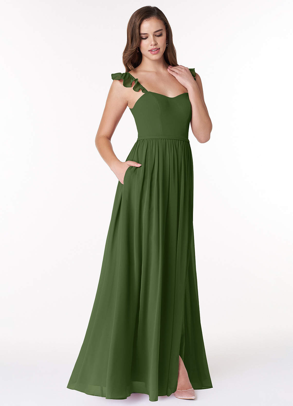 Azazie Metz Ready to Ship Olive Chiffon Bridesmaid Dresses | Azazie