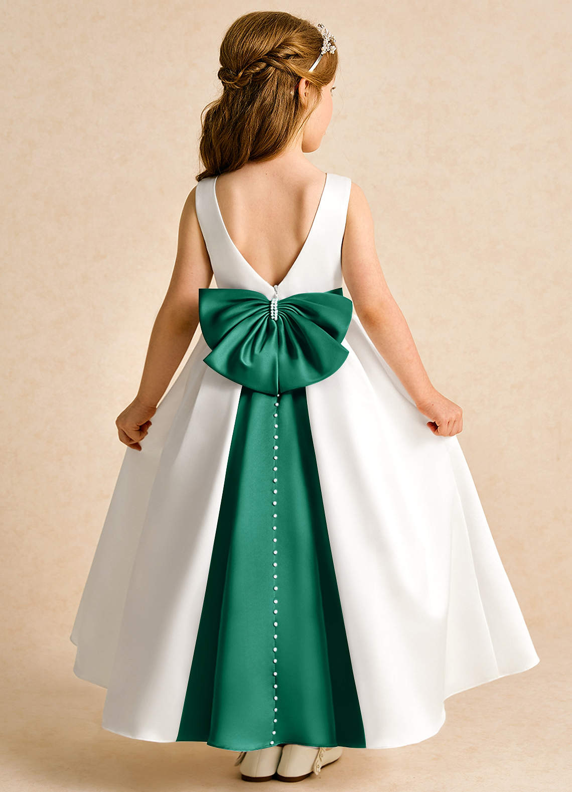 Azazie Cherry Flower Girl Dresses Ivory Emerald Ball-Gown Pleated Matte Satin Dress image1