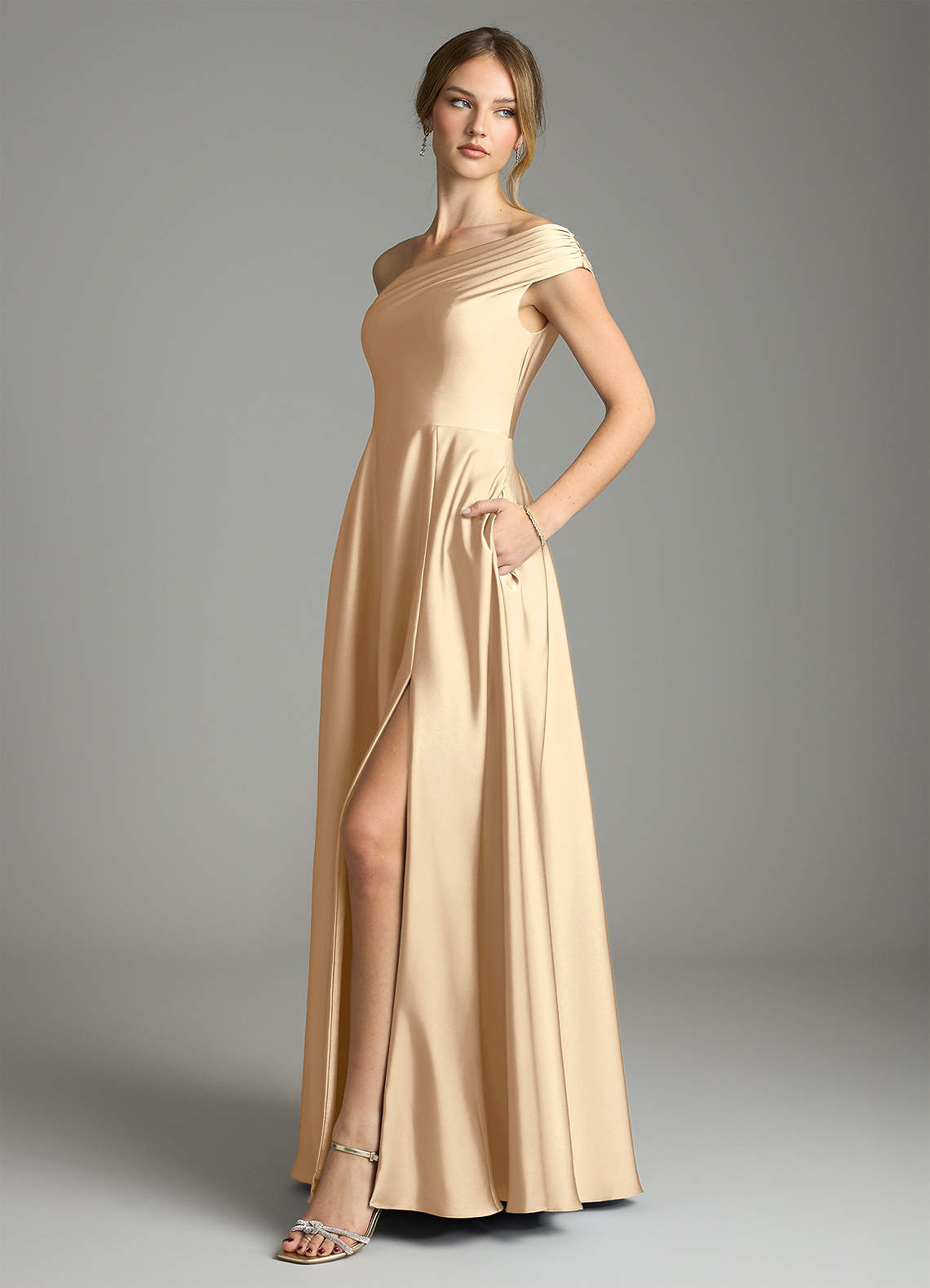 Azazie Melanie Bridesmaid Dresses Champagne A-Line Off the Shoulder Stretch Satin Dress image3