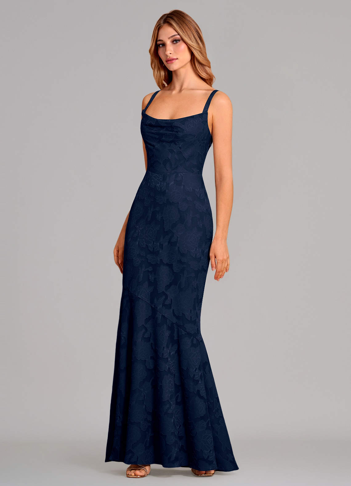 Azazie Aubrey Final Sale Dark Navy Mermaid Bow Floral Burnout Dress image2