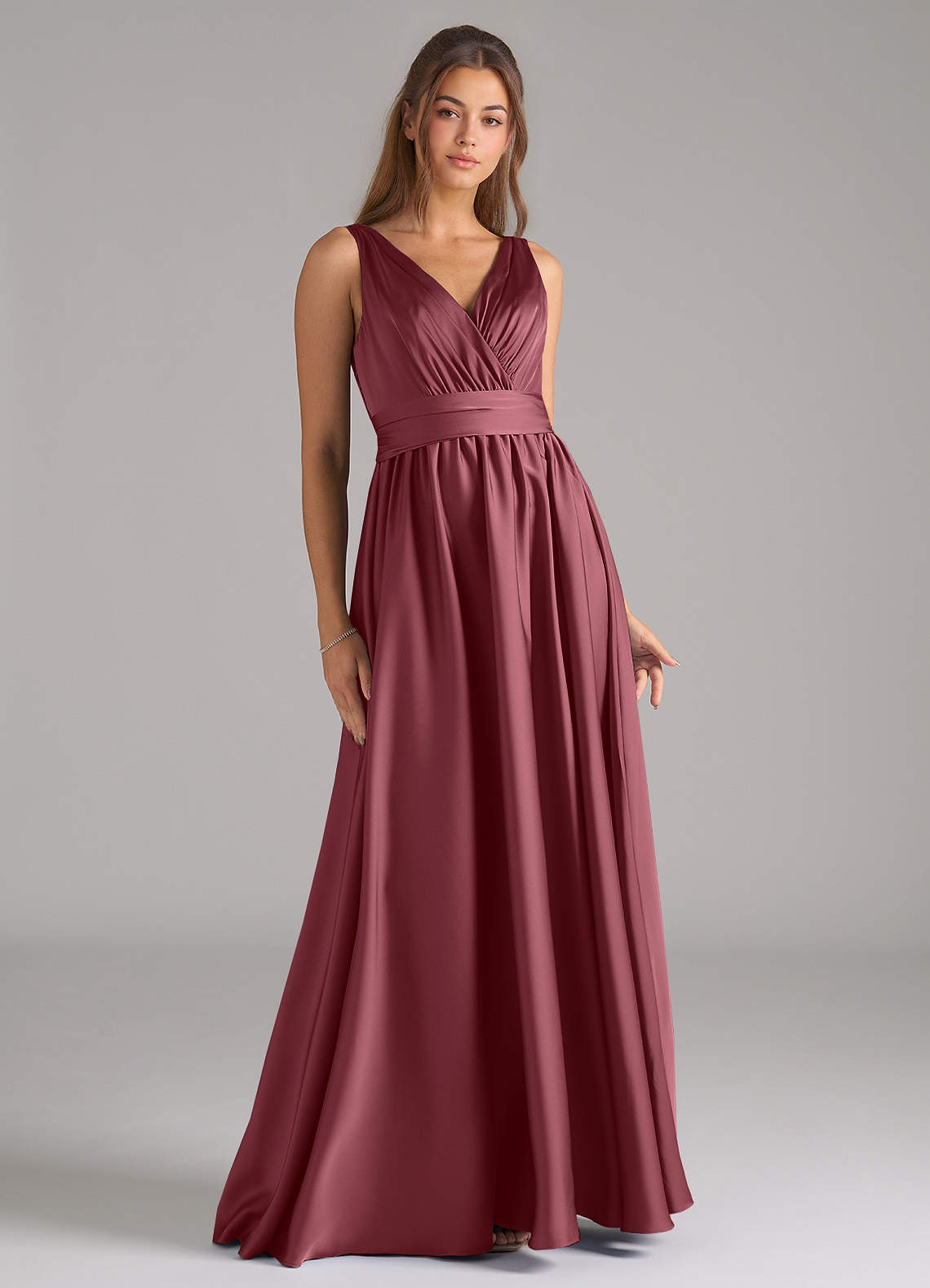 Azazie Kora Bridesmaid Dresses Desert Rose A-Line Pleated Stretch Satin Dress image1