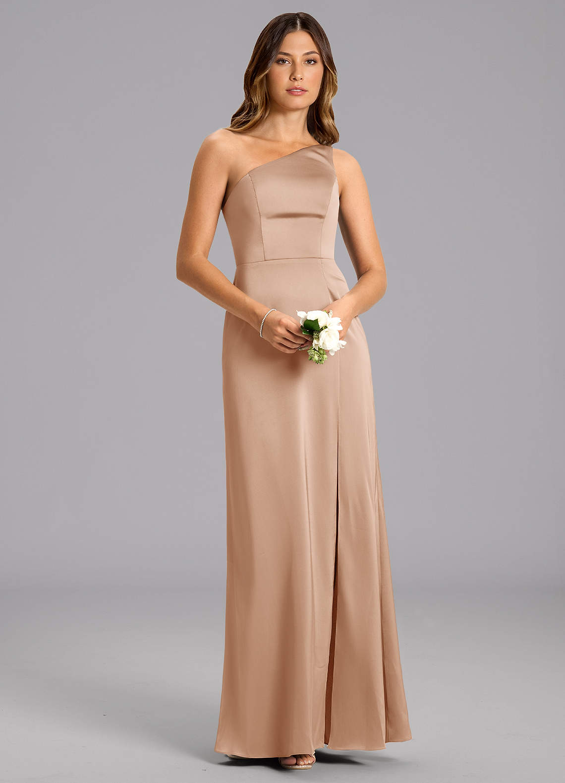 Azazie Feby Bridesmaid Dresses English Rose A-Line One Shoulder Stretch Satin Dress image1