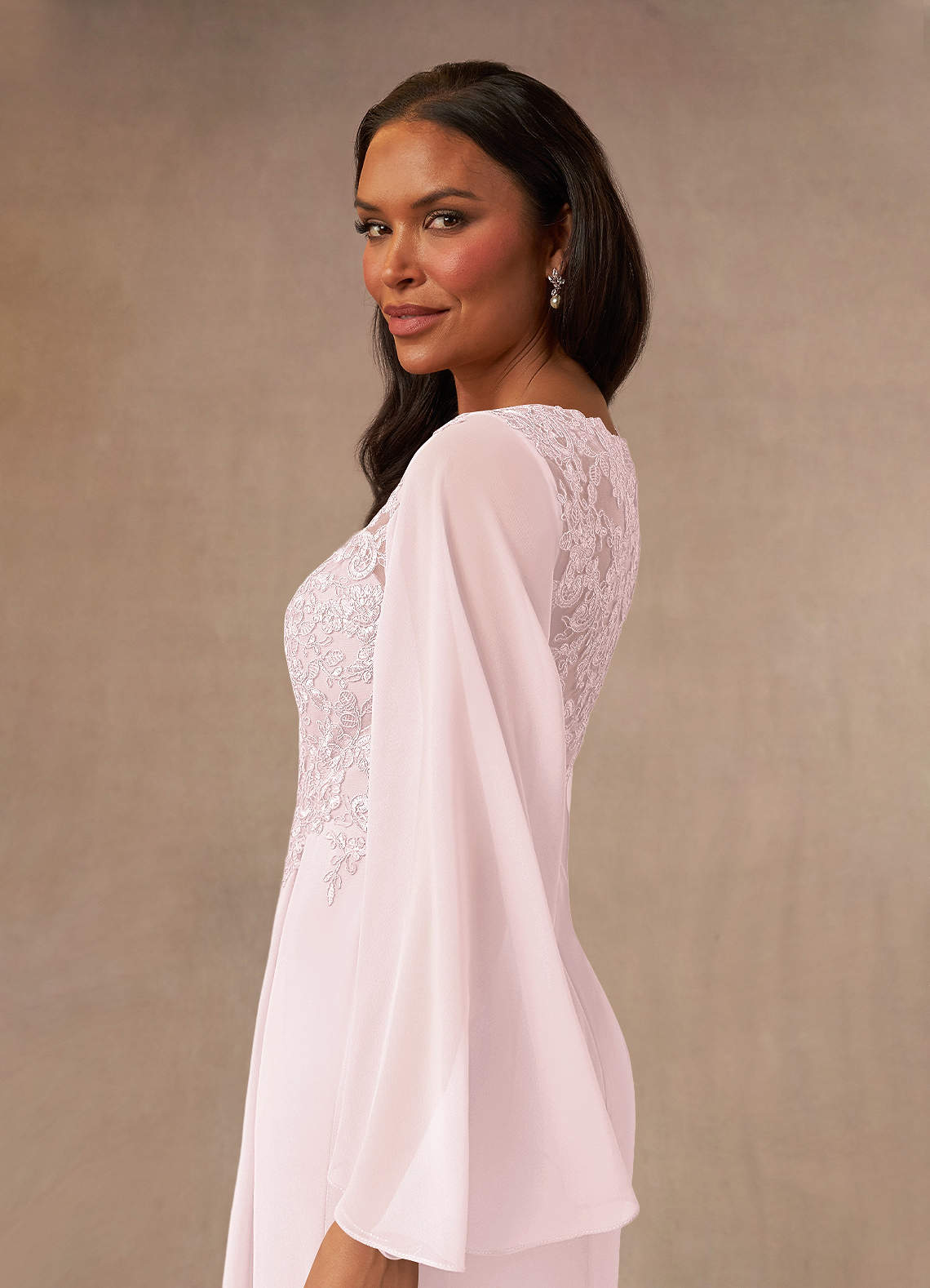 Azazie Perry Blushing Pink Mermaid V-Neck Lace Chiffon Dress Ready