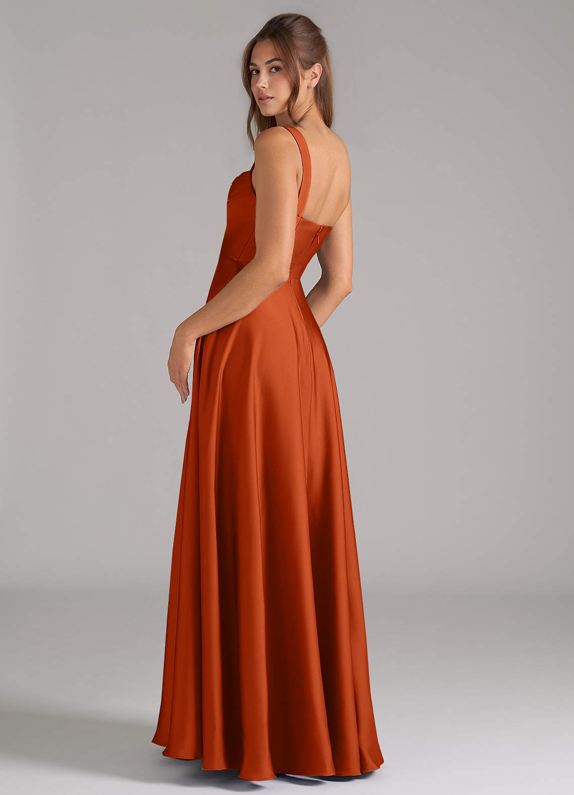 Azazie Shaude Bridesmaid Dresses Burnt Orange A-Line Pleated Stretch Satin Dress image6
