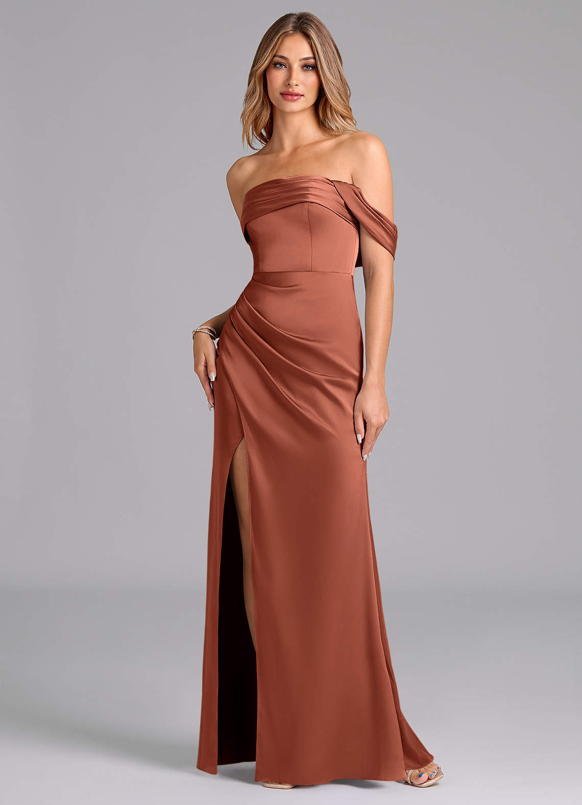 Azazie Lisbeth Bridesmaid Dresses Clay Mermaid Off the Shoulder Stretch Satin Convertible Dress image1