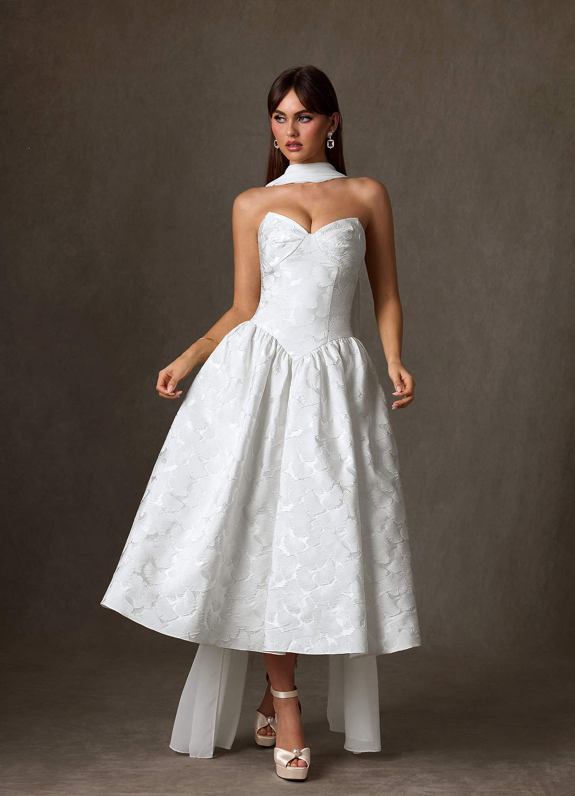 Azazie Devam Diamond White A-Line Strapless Floral Jacquard Dress