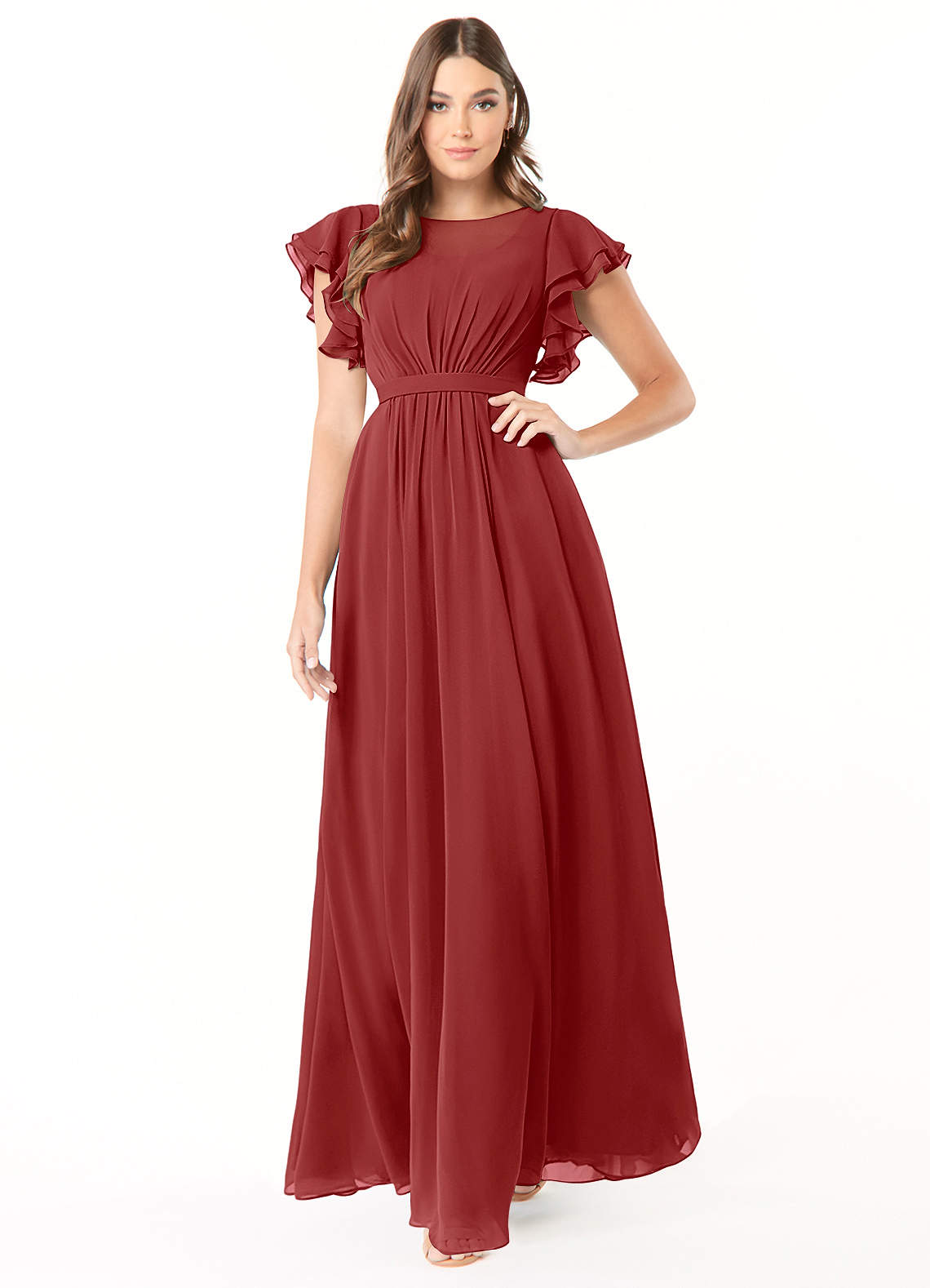 Azazie Daphne Modest Bridesmaid Dresses A-Line Ruffled Chiffon Floor-Length Dress image1