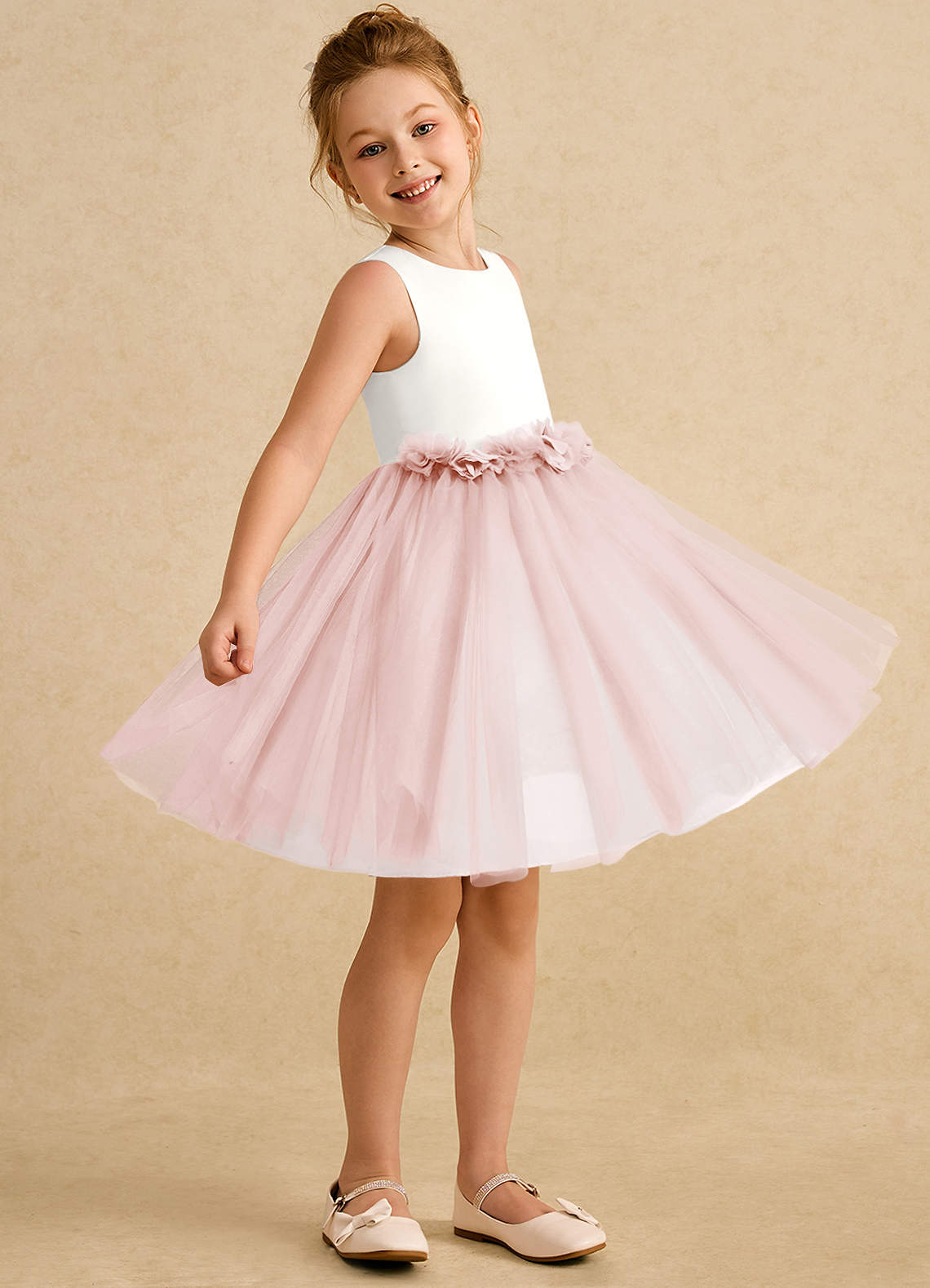 Azazie Louisa Vestidos de florista Vestido Marfim Rosa Corado de Tule de Linha A com Sem mangas image2
