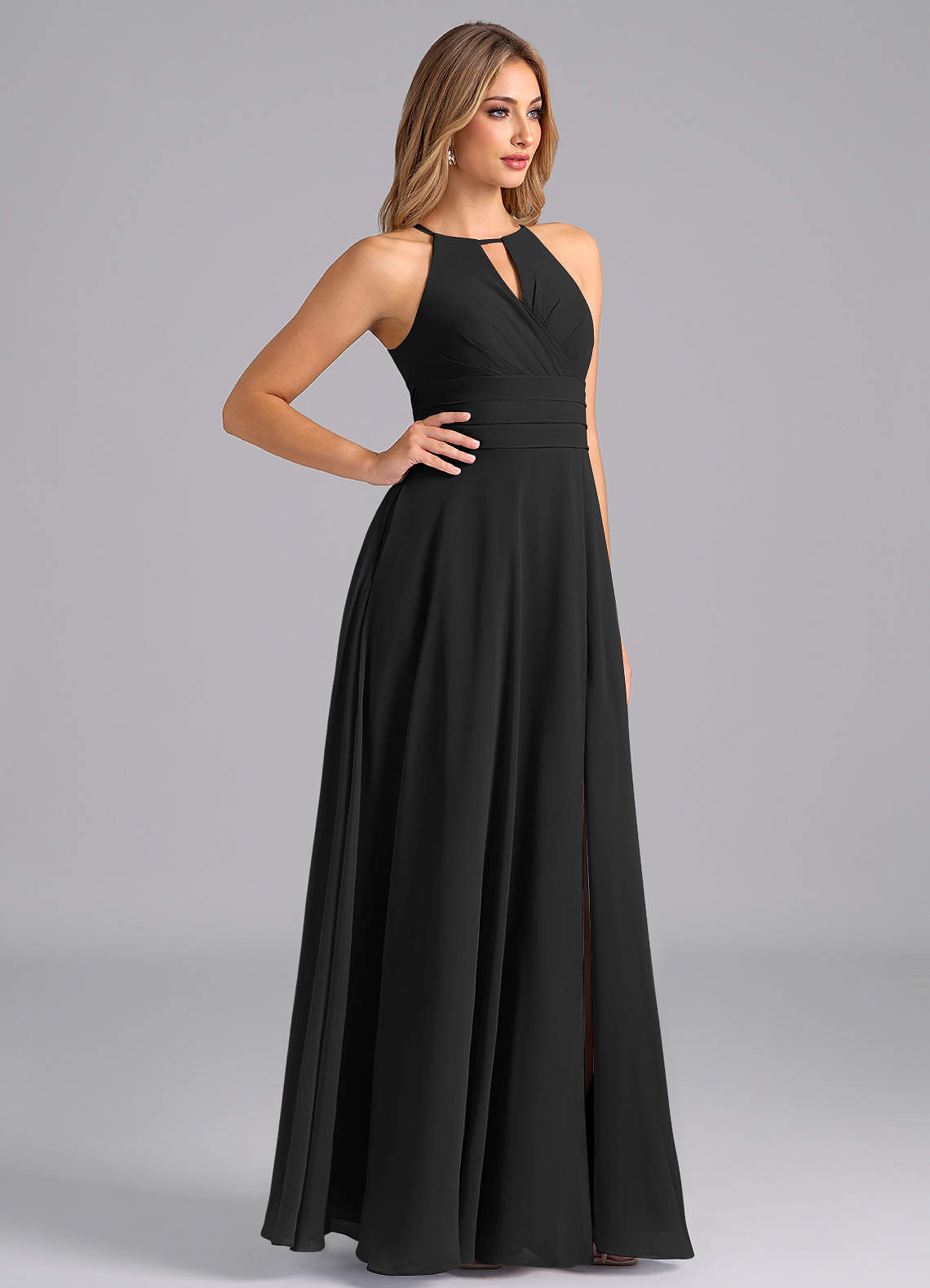 Azazie Denver Vente Finale Robe Trapèze en Mousseline de soie Plissée Noir image3