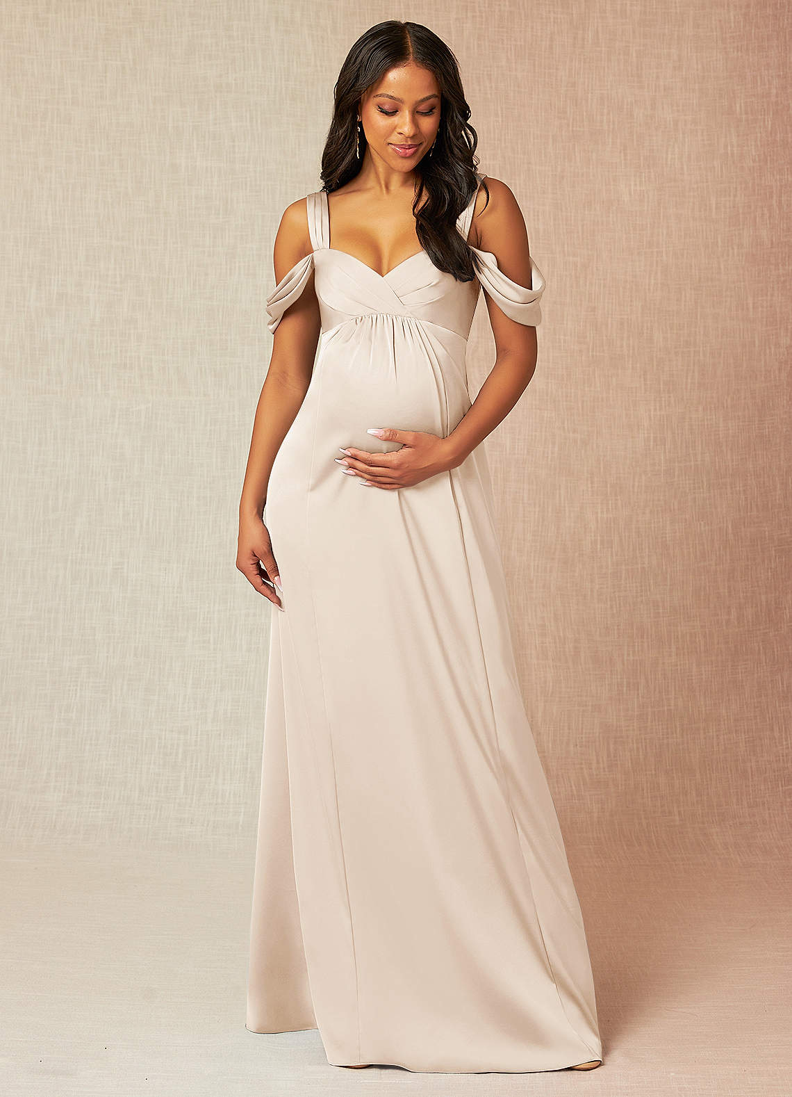 Azazie Rhea Maternity Bridesmaid Dresses A-Line Off-The-Shouler Pleated Stretch Satin Floor-Length Dress image1