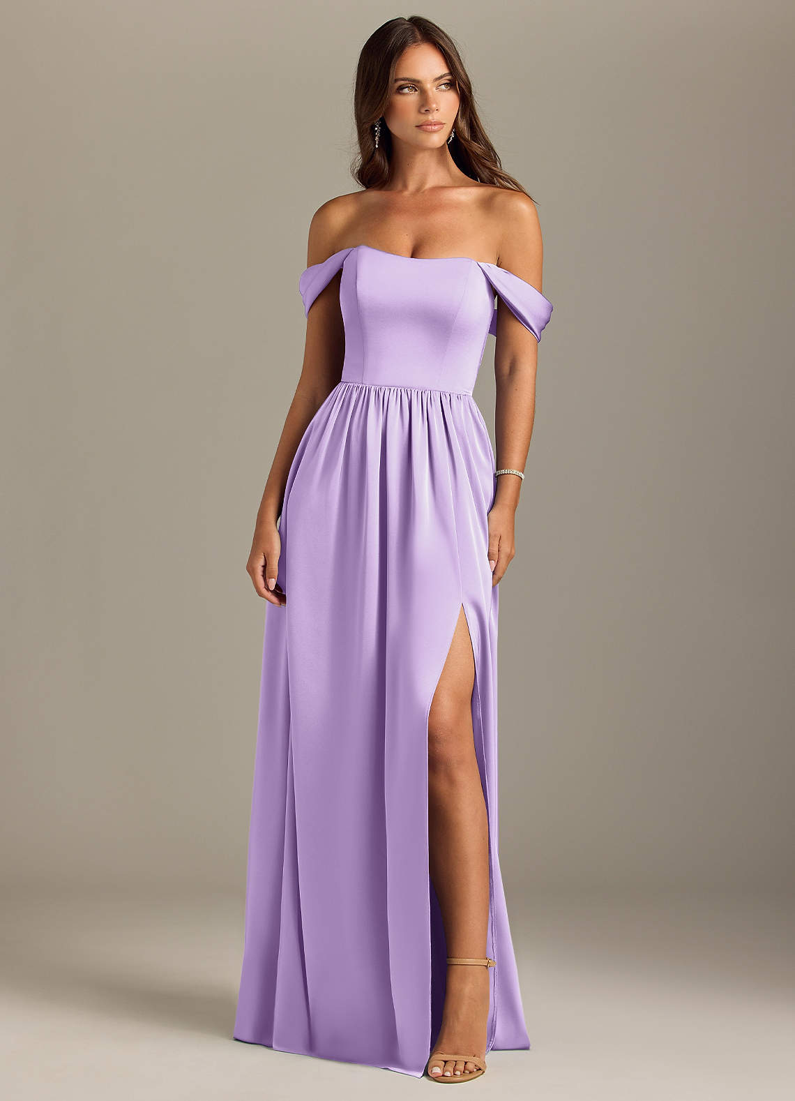Azazie Calianna Bridesmaid Dresses Lilac A-Line Off the Shoulder Stretch Satin Convertible Dress image1