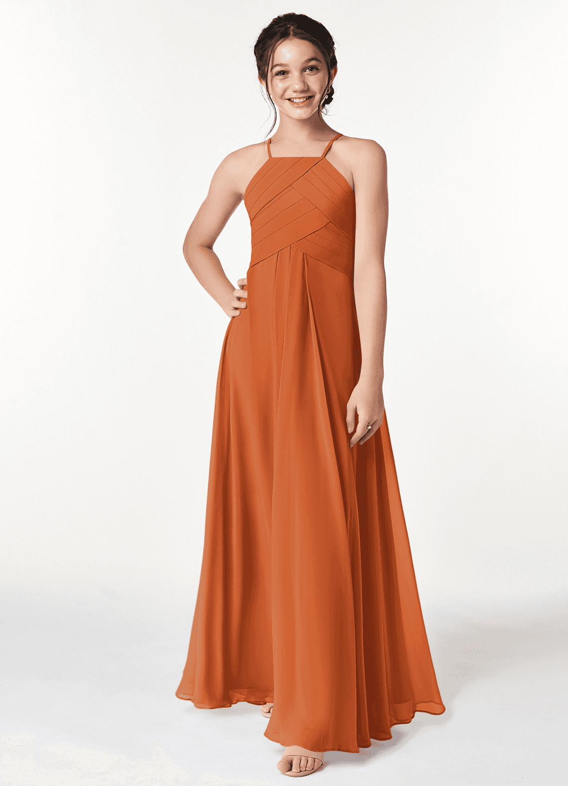 Azazie Ginger Junior Vestido Canela de Chiffon de Linha A com Plissado image3