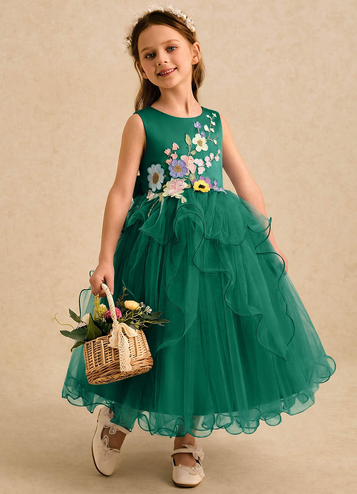 emerald green flower girl dresses Hi-Low Layered Green Satin Sequin Tulle Cap Sleeves Flower Girl Dress 5T main image 0