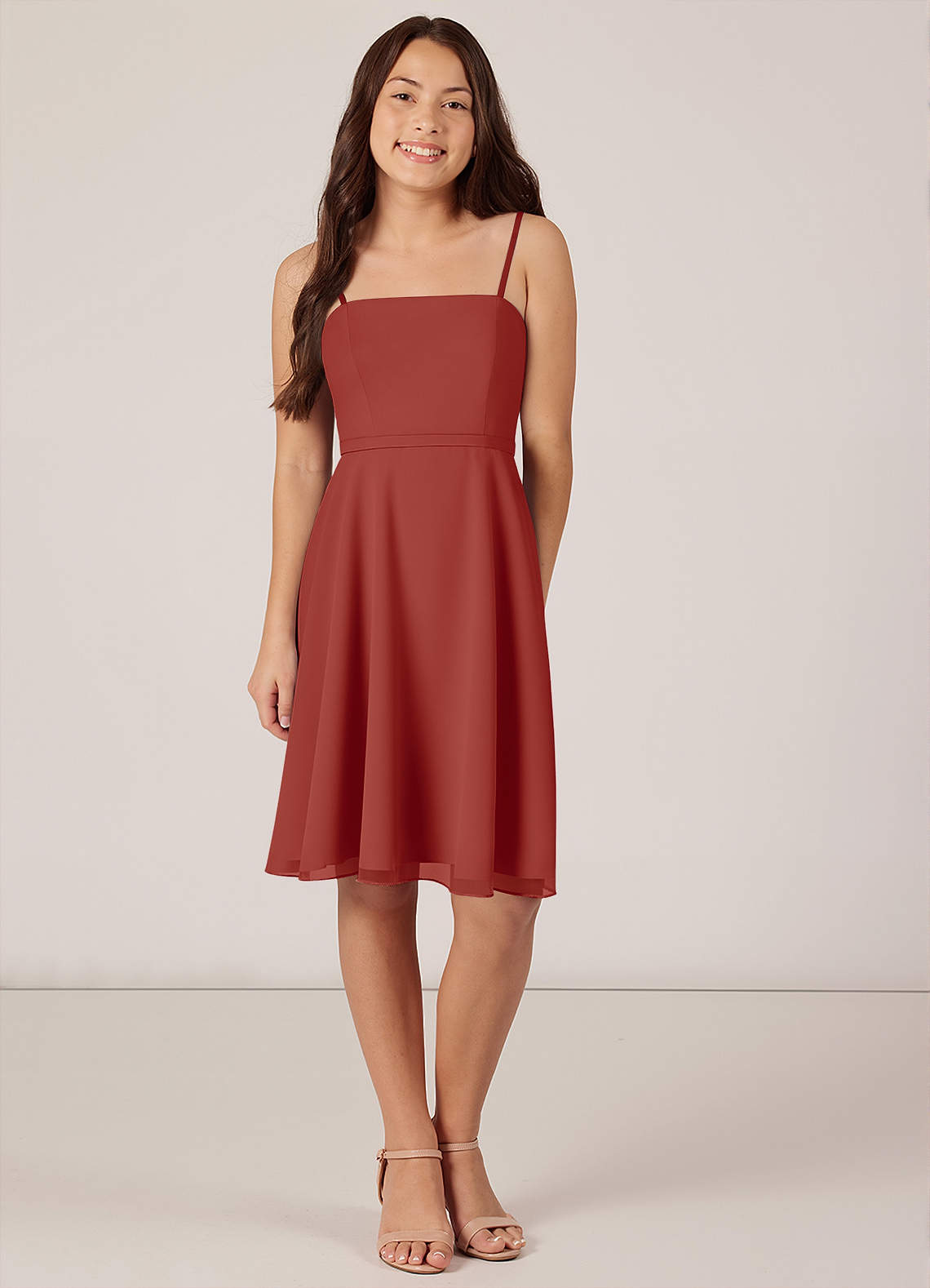 Azazie Kalie Junior Terracotta A-Line with Belt Chiffon Dress image1
