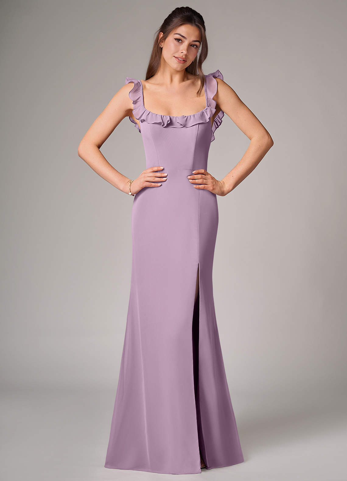 Azazie Callie Robes de demoiselle d'honneur Robe Sirène Convertible en Mousseline de soie Fente Latérale Glycine image1