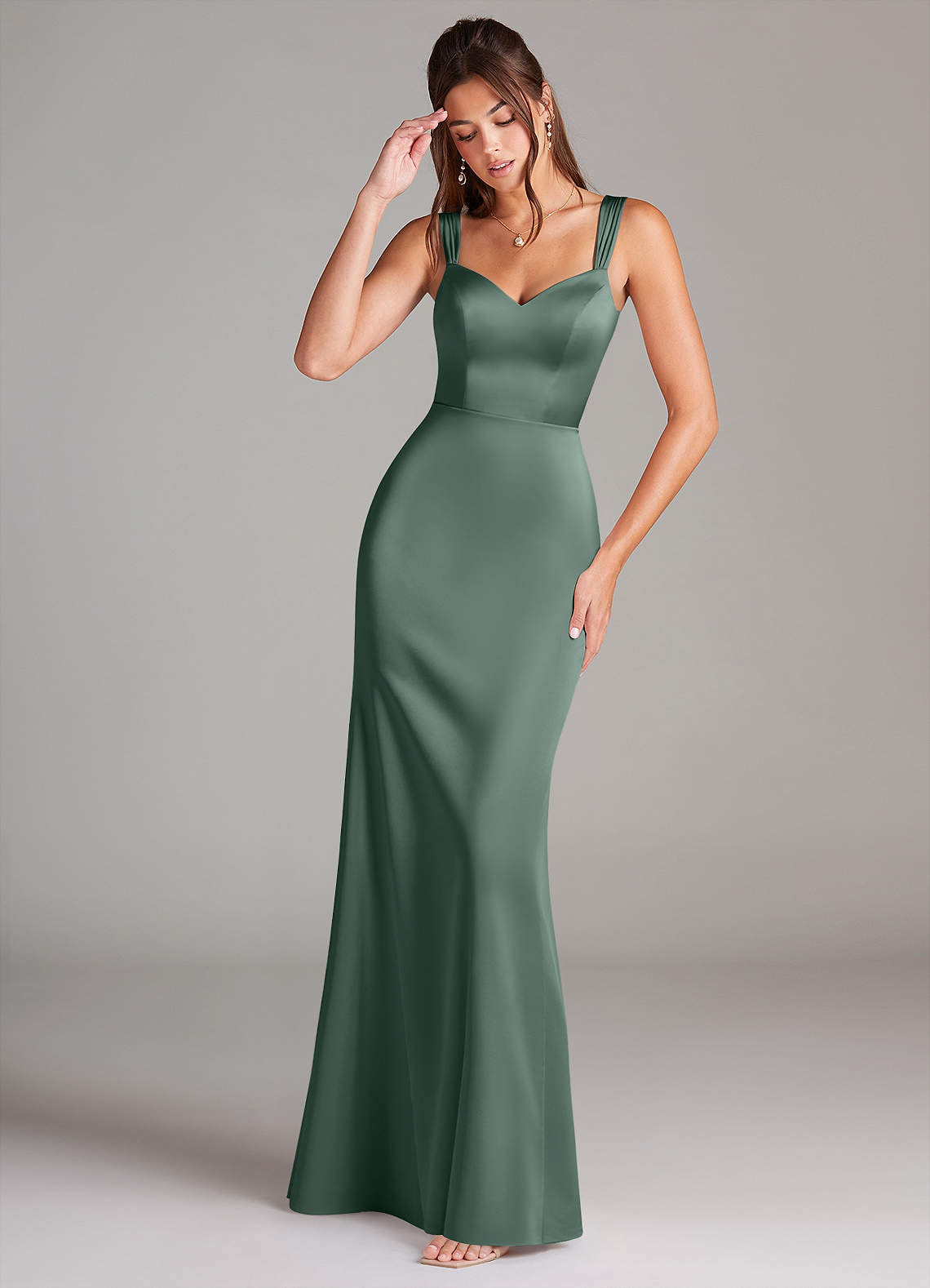 Azazie Denice Bridesmaid Dresses Eucalyptus Sheath Pleated Stretch Satin Dress image1