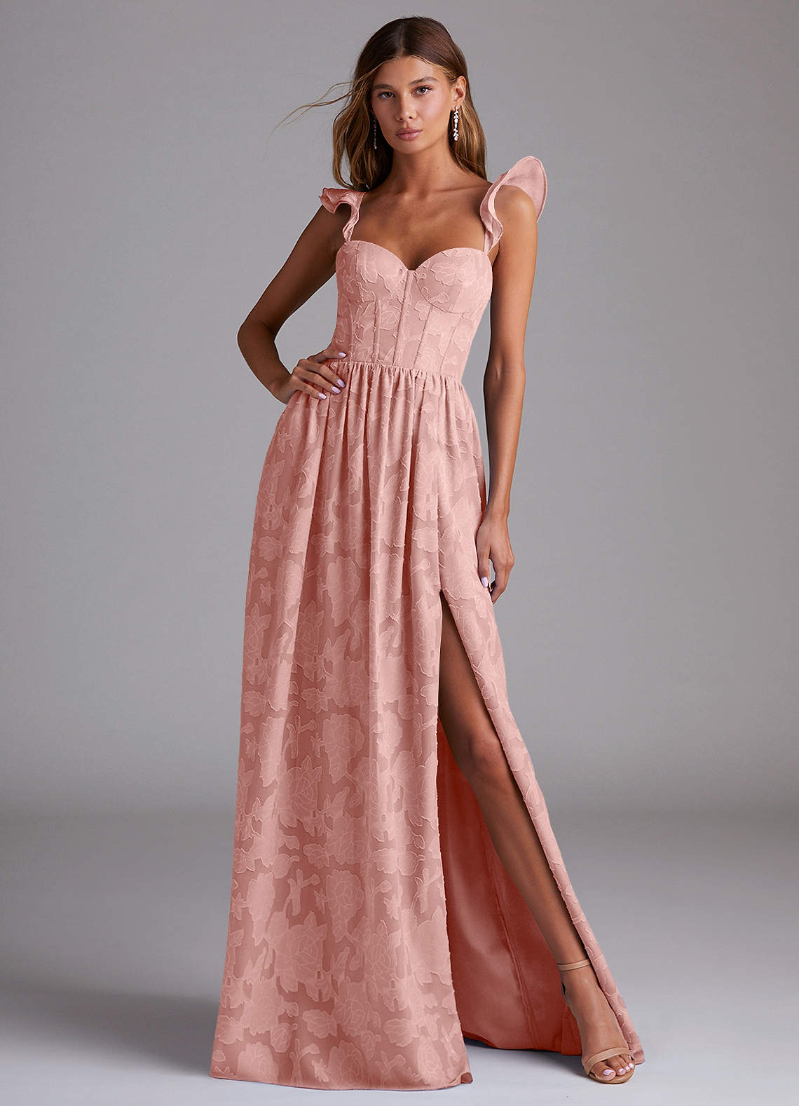 Azazie Denisse Bridesmaid Dresses Rosette A-Line Ruched Floral Burnout Dress image1