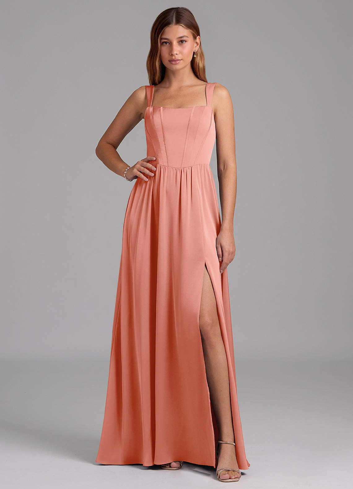 Azazie Rosaline Bridesmaid Dresses Coral A-Line Side Slit Stretch Satin Dress image1