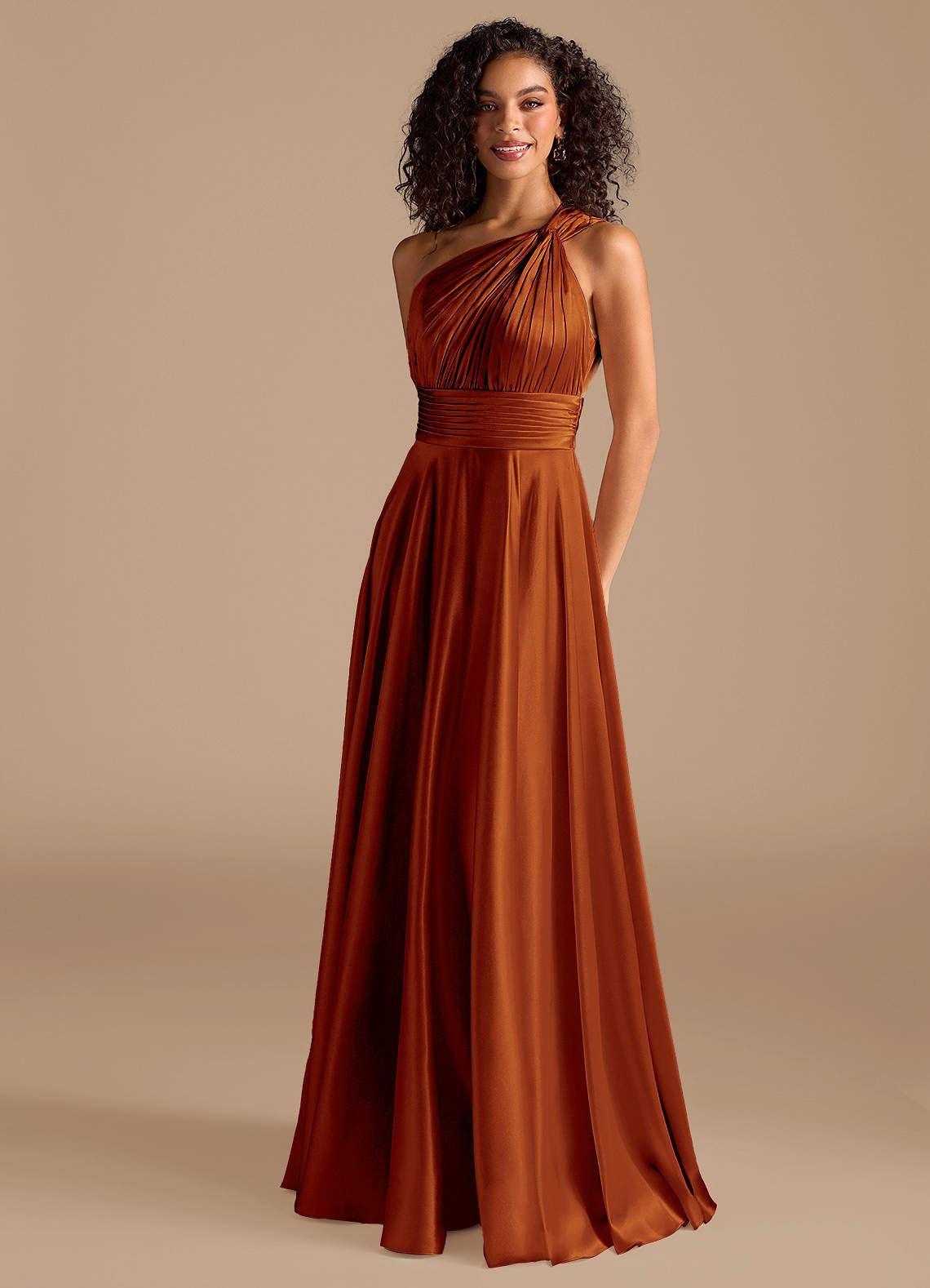 Azazie Charlize At-home Try On Dresses Auburn A-Line One Shoulder Metallic Satin Dress image1