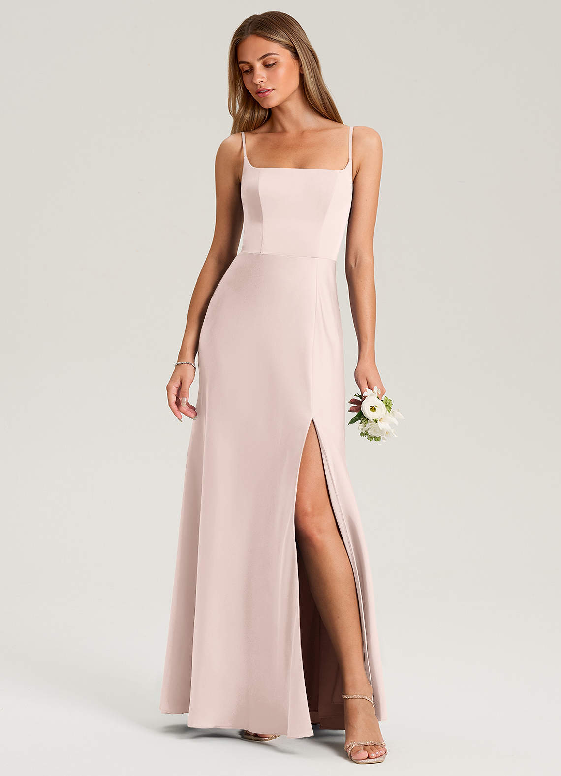 Azazie Lidia Bridesmaid Dresses Blushing Pink Mermaid Side Slit Stretch Satin Dress image1
