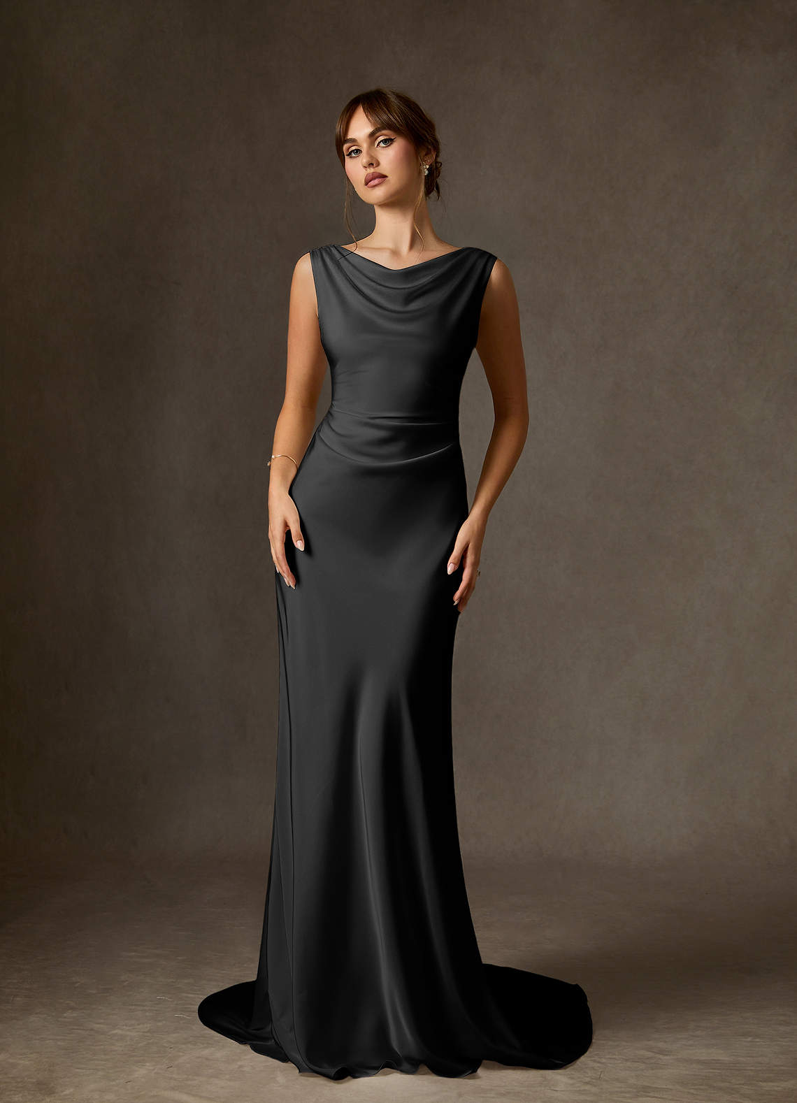 Azazie Kieryn Wedding Dresses Black Fit and Flare Stretch Satin Dress image1