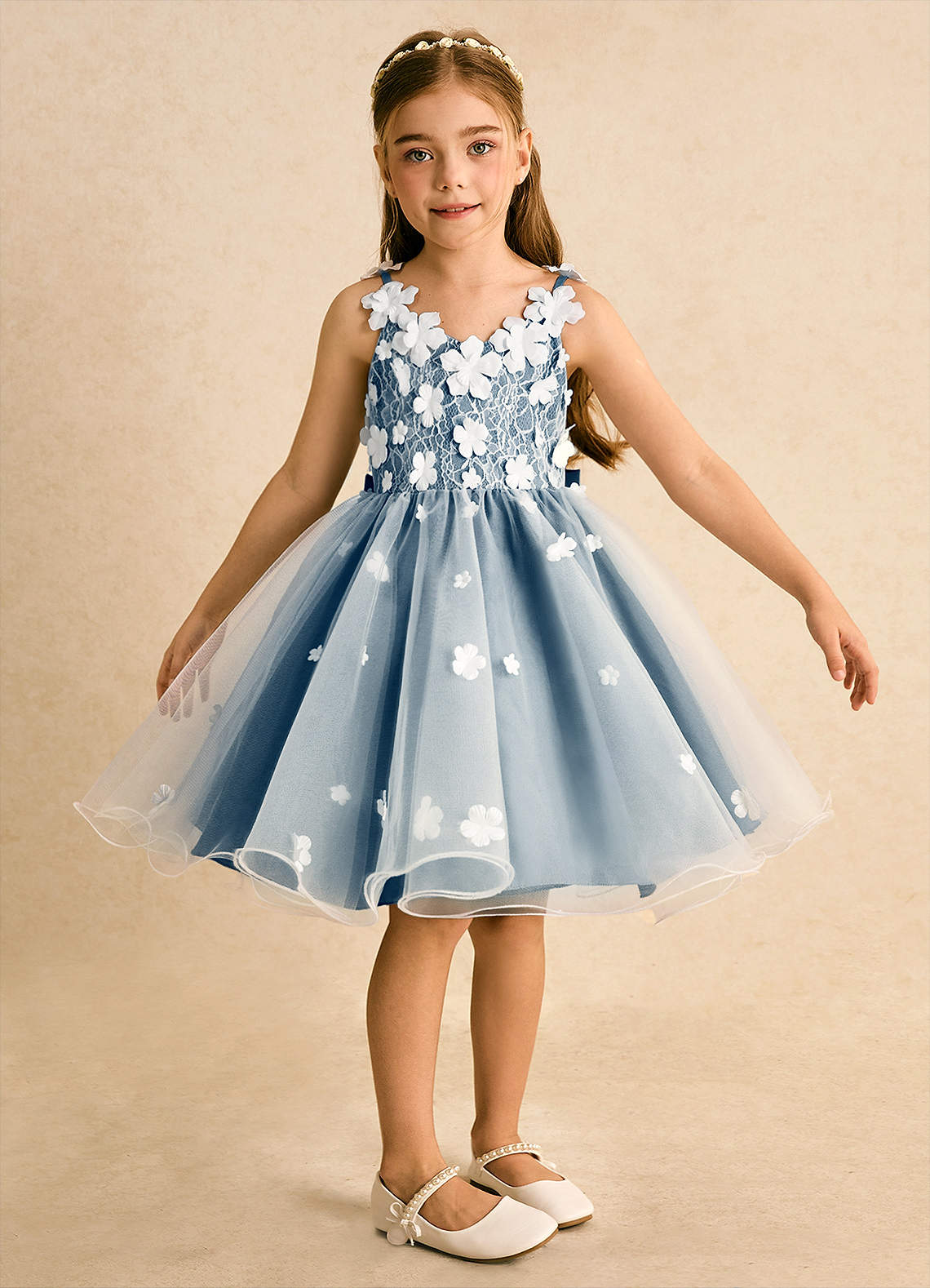 Azazie Junebug Blumenmädchenkleider Ballkleid Spitze Tüll Kleid Elfenbein Bermudablau image5