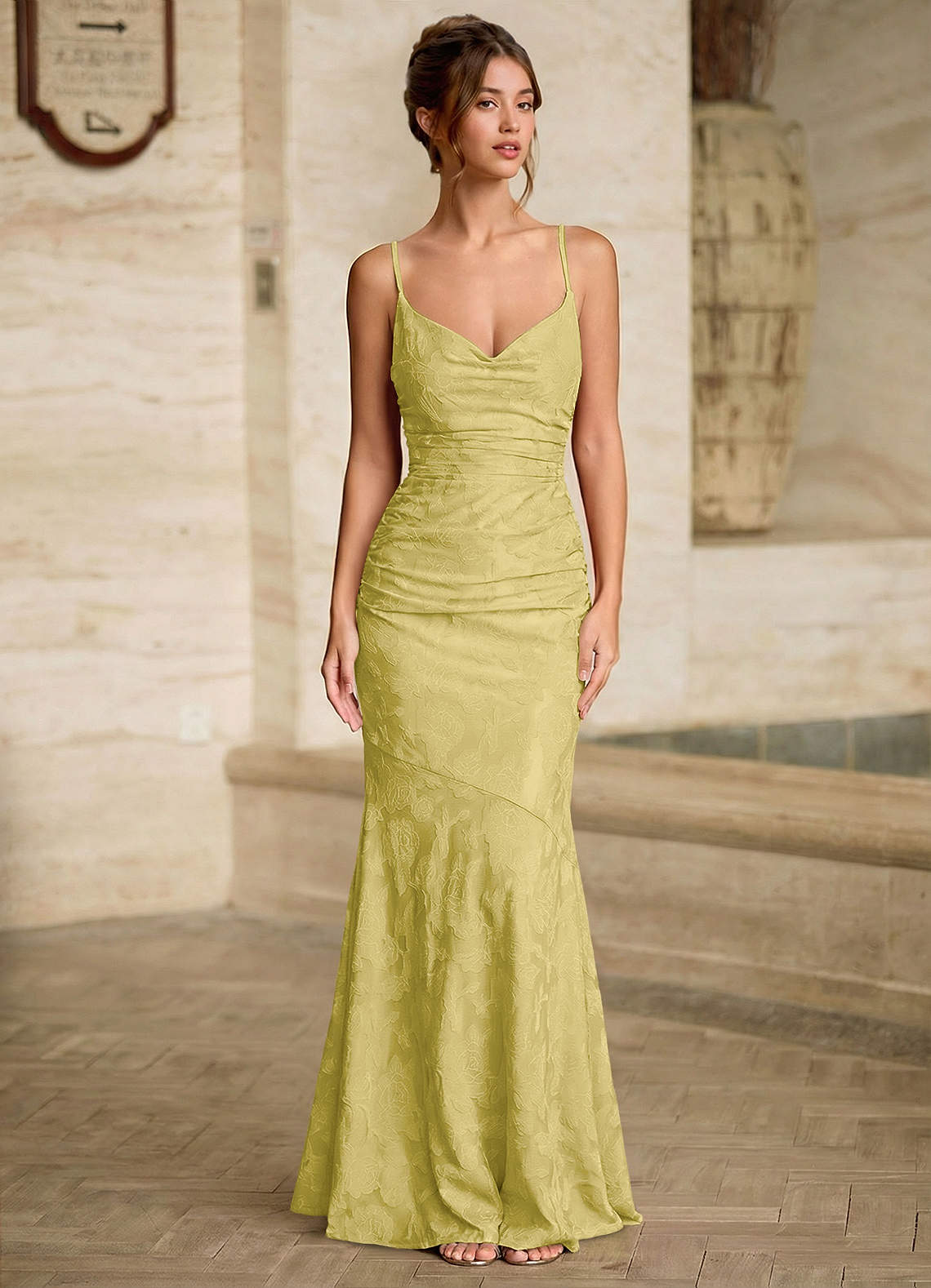 Azazie Pastel Yellow Lace Up V Neck Formal Dress Azazie Pastel Yellow Lace Up V Neck Formal Dress