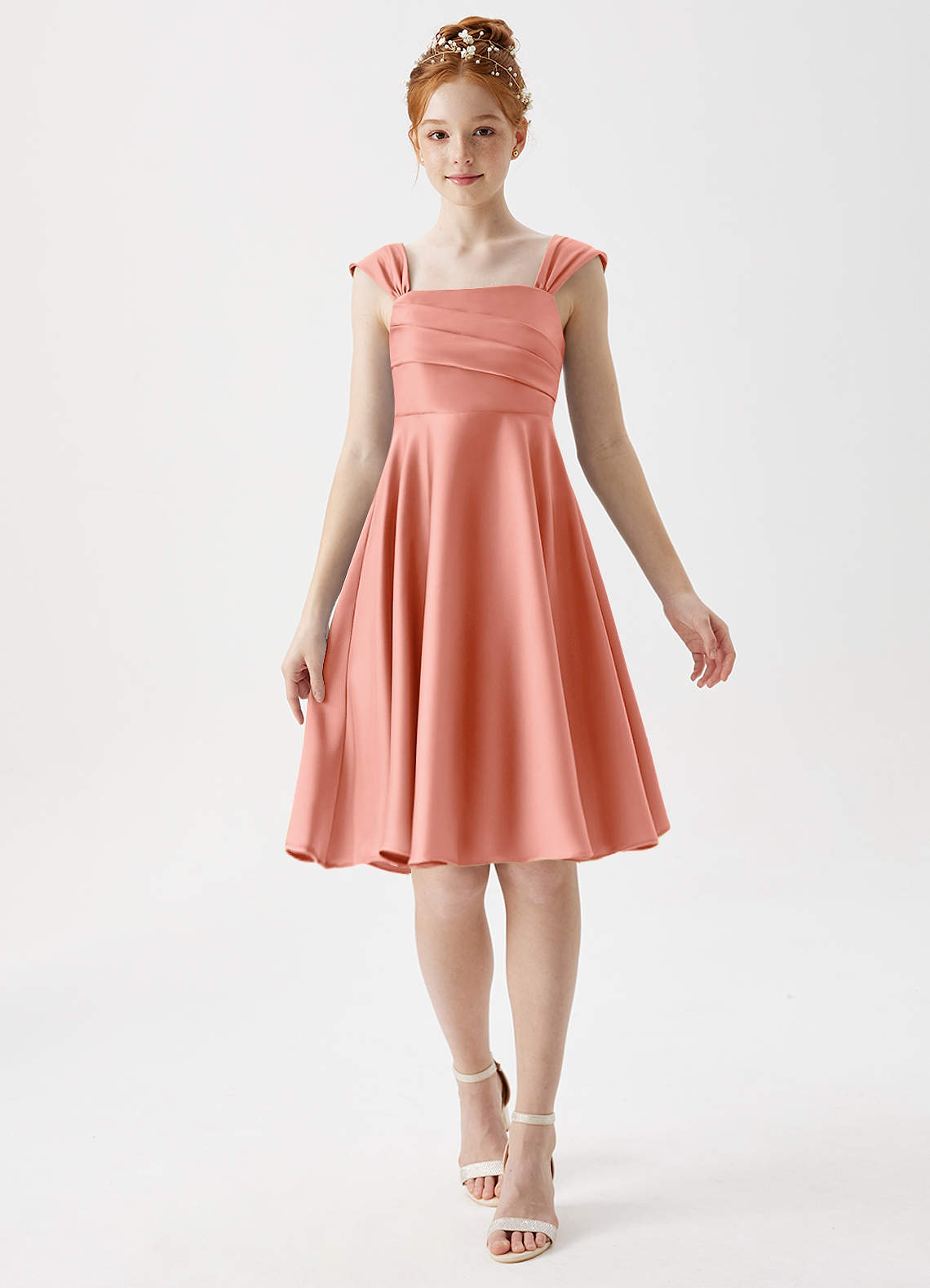 Azazie Amira Junior A-Linie Plissee Stretch-Satin Kleid Koralle image1