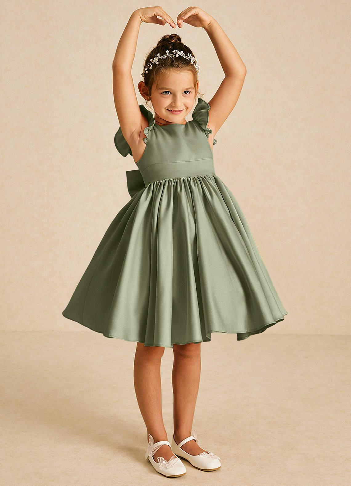 Azazie Tootsie Flower Girl Dresses Pistachio A-Line Bow Matte Satin Dress image1