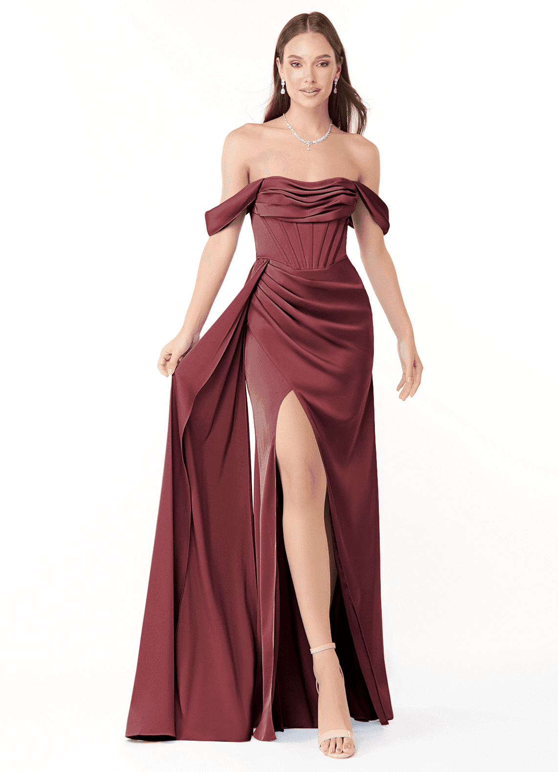 Azazie Amyra Bridesmaid Dresses Merlot Sheath Off the Shoulder Stretch Satin Convertible Dress image1