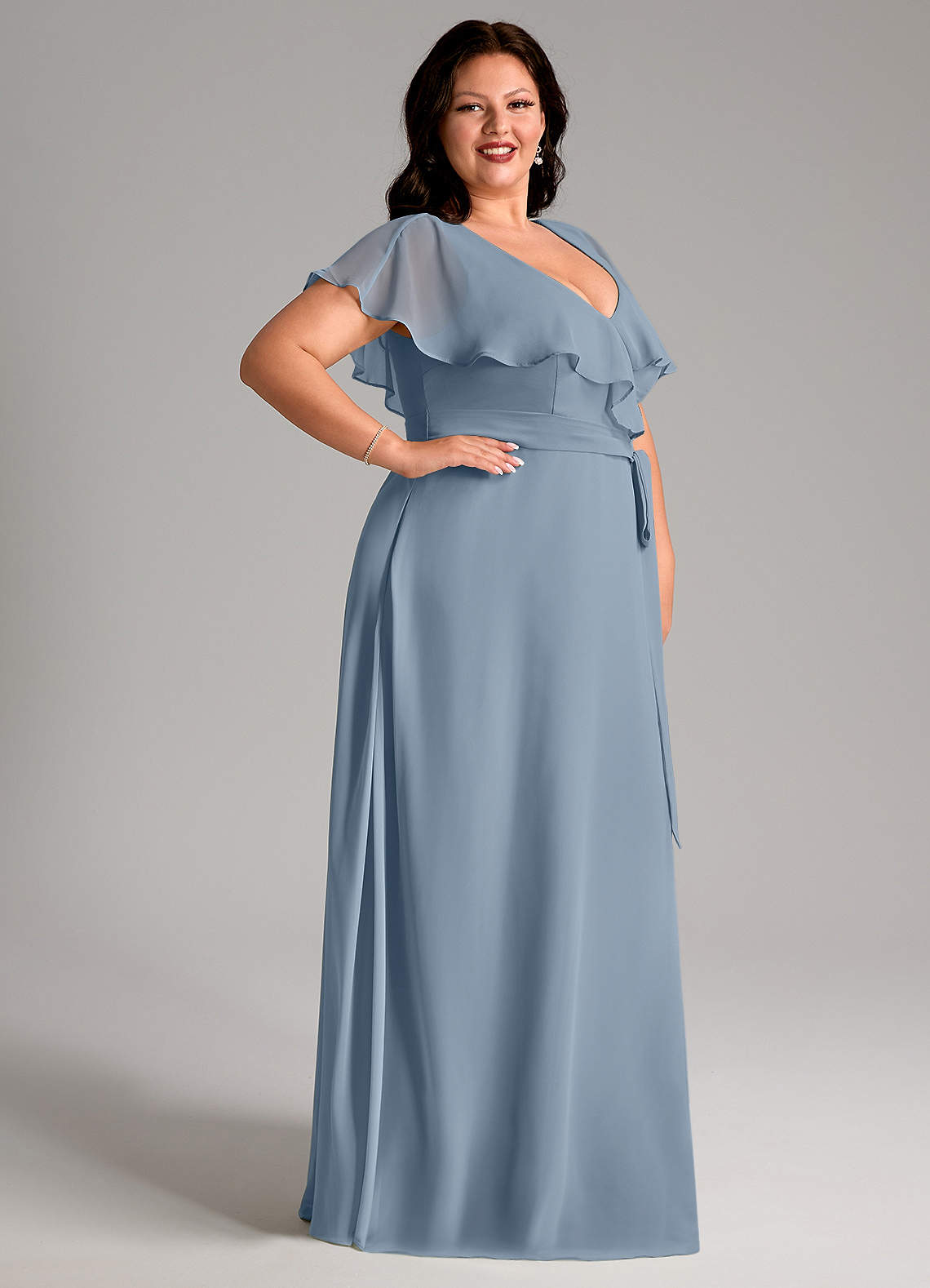 Azazie Lainey At-home Try On Dresses Dusty Blue A-Line with Pockets Chiffon Dress image11
